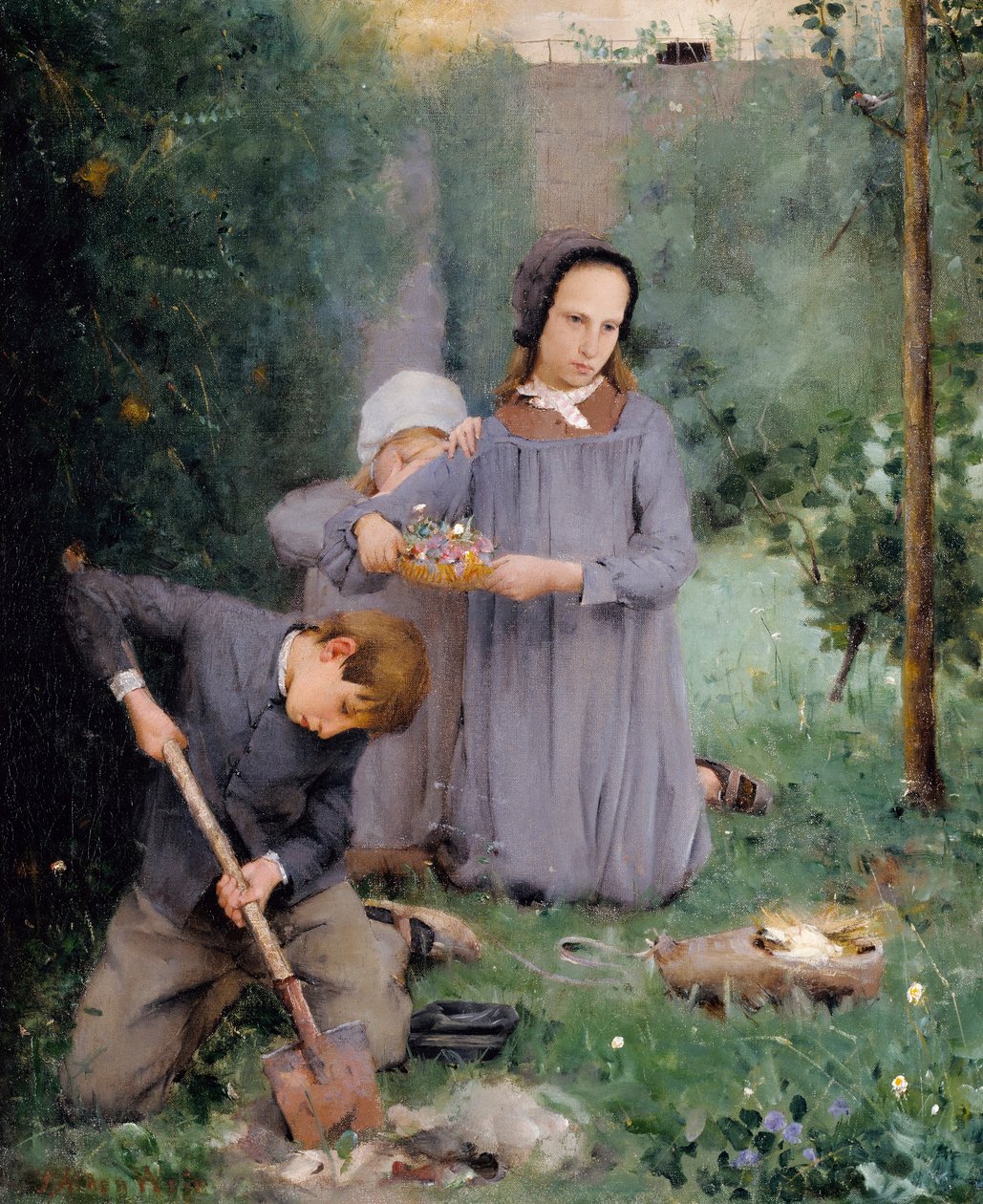 Børn begraver en fugl af J. Alden Weir