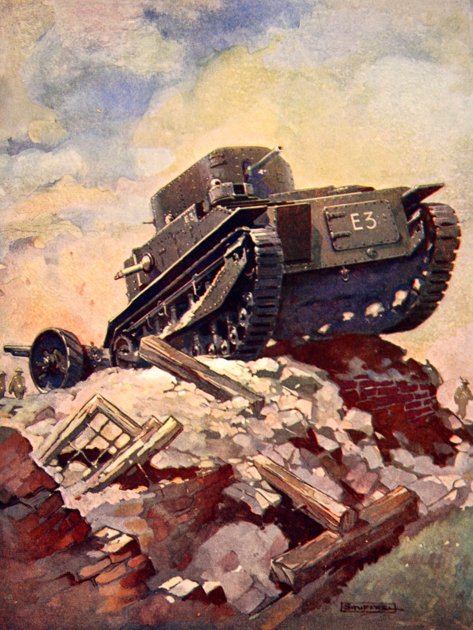 En første verdenskrigs tank (farve litho) af J. Allen (after) Shuffrey