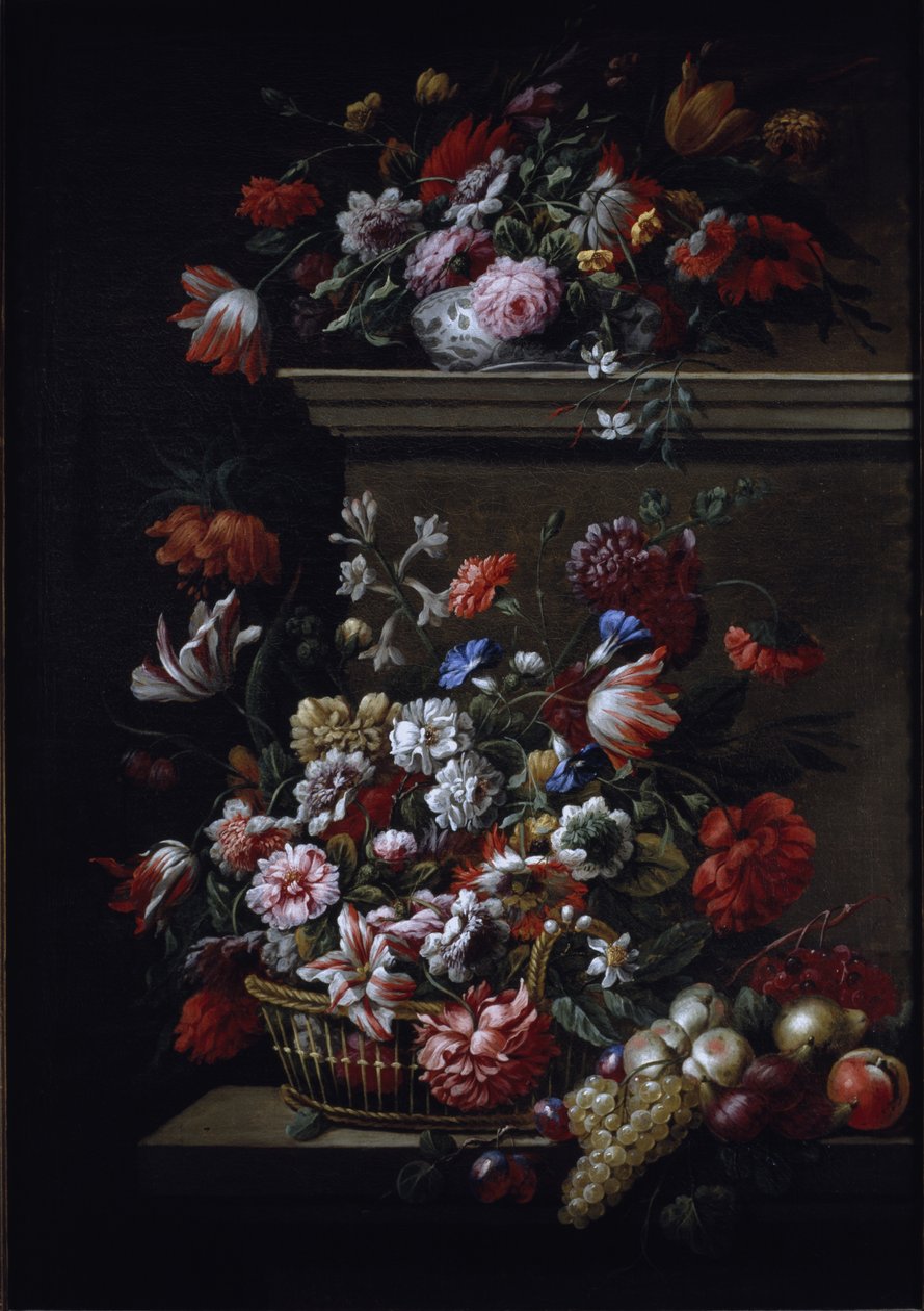 Blomsterstilleben (olie på lærred) af J B and Bogdany Jakob Monnoyer