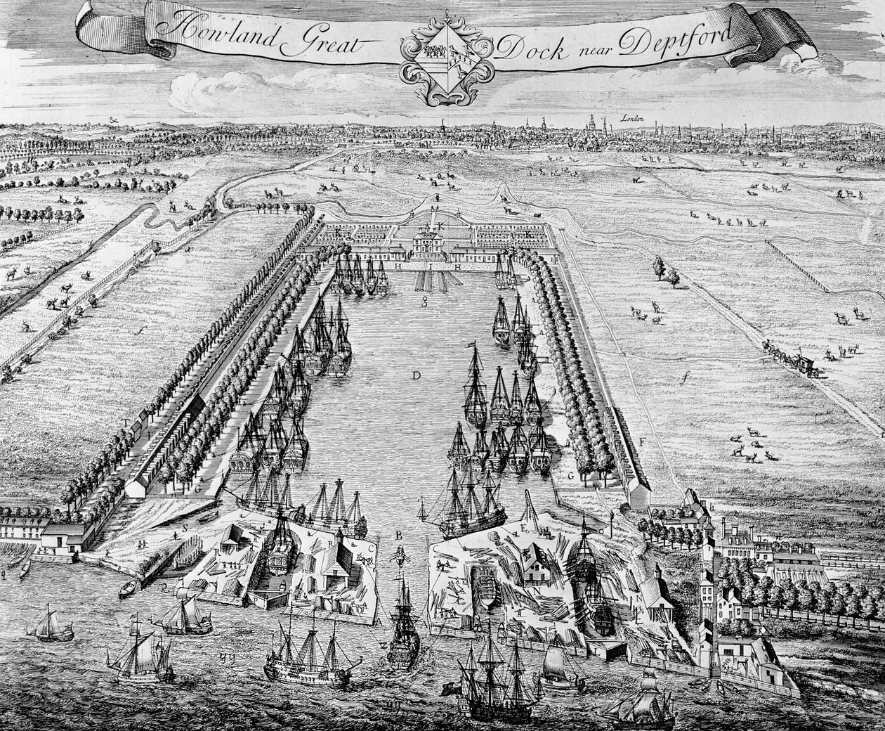 Howland Great Dock, nær Deptford, ca. 1715-20 af J. Badslade