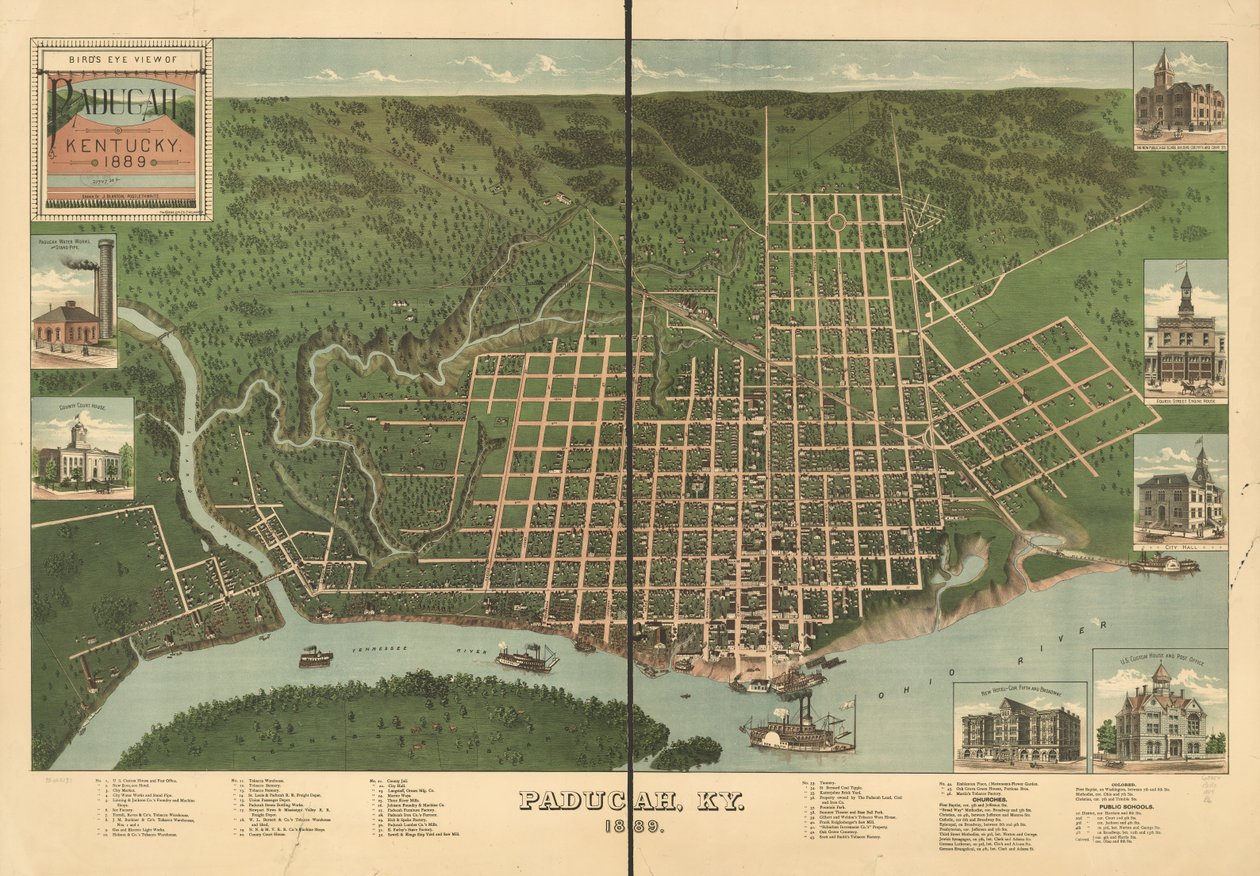 Fugleperspektiv af Paducah, Kentucky 1889. af J. Blanton; Krebs Lithographing Company Postlethwaite