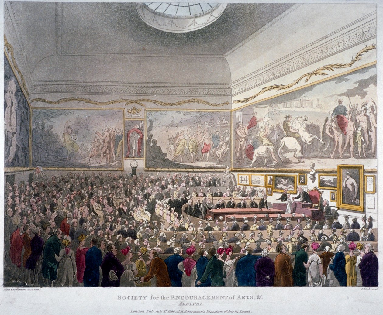 Møde for Society of Arts i Adelphi Buildings, Westminster, London, 1809 af J Bluck
