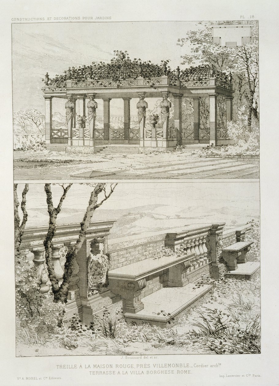 Pergola i La Maison Rouge nær Villemomble, designet af Cordier, og terrasse på Villa Borghese, Rom, ca. 1880 af J. Boussard