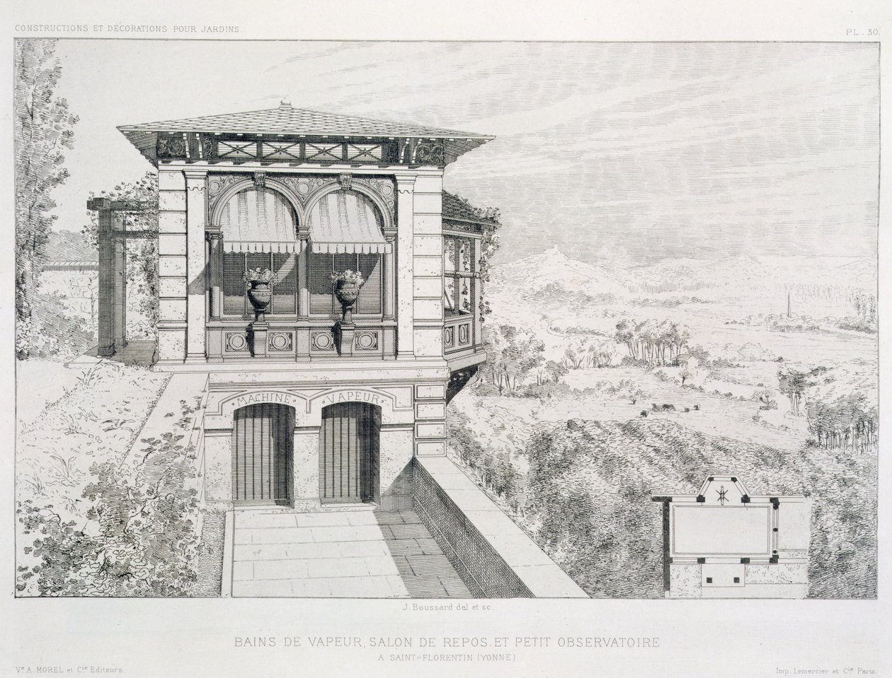 Dampbade, observatorium ovenfor, fra en mængde design af forskellige arkitekter, pub. Morel & Cie, Paris, ca. 1880 af J. Boussard