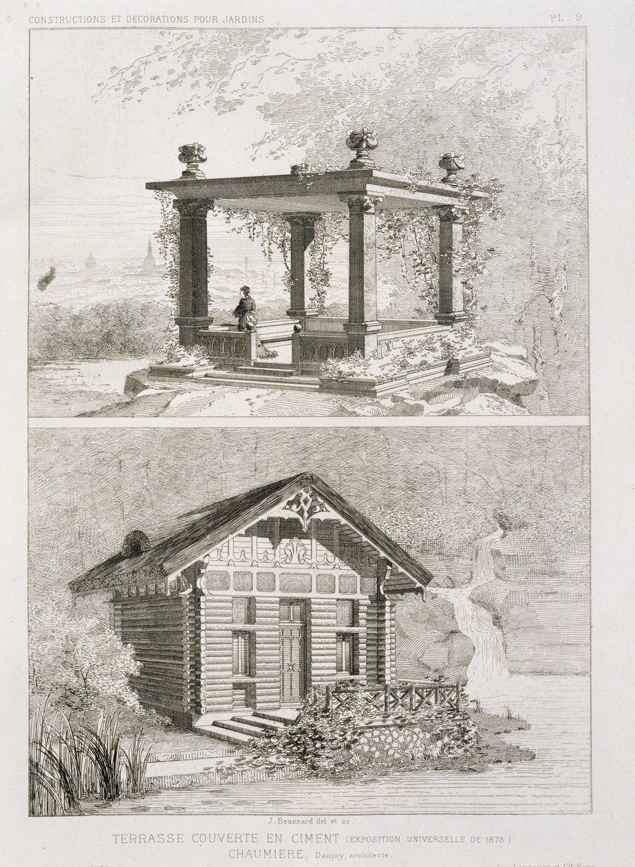 Terrasse dækket med cement, og have med udestue designet af Danjoy, ca. 1880 af J. Boussard