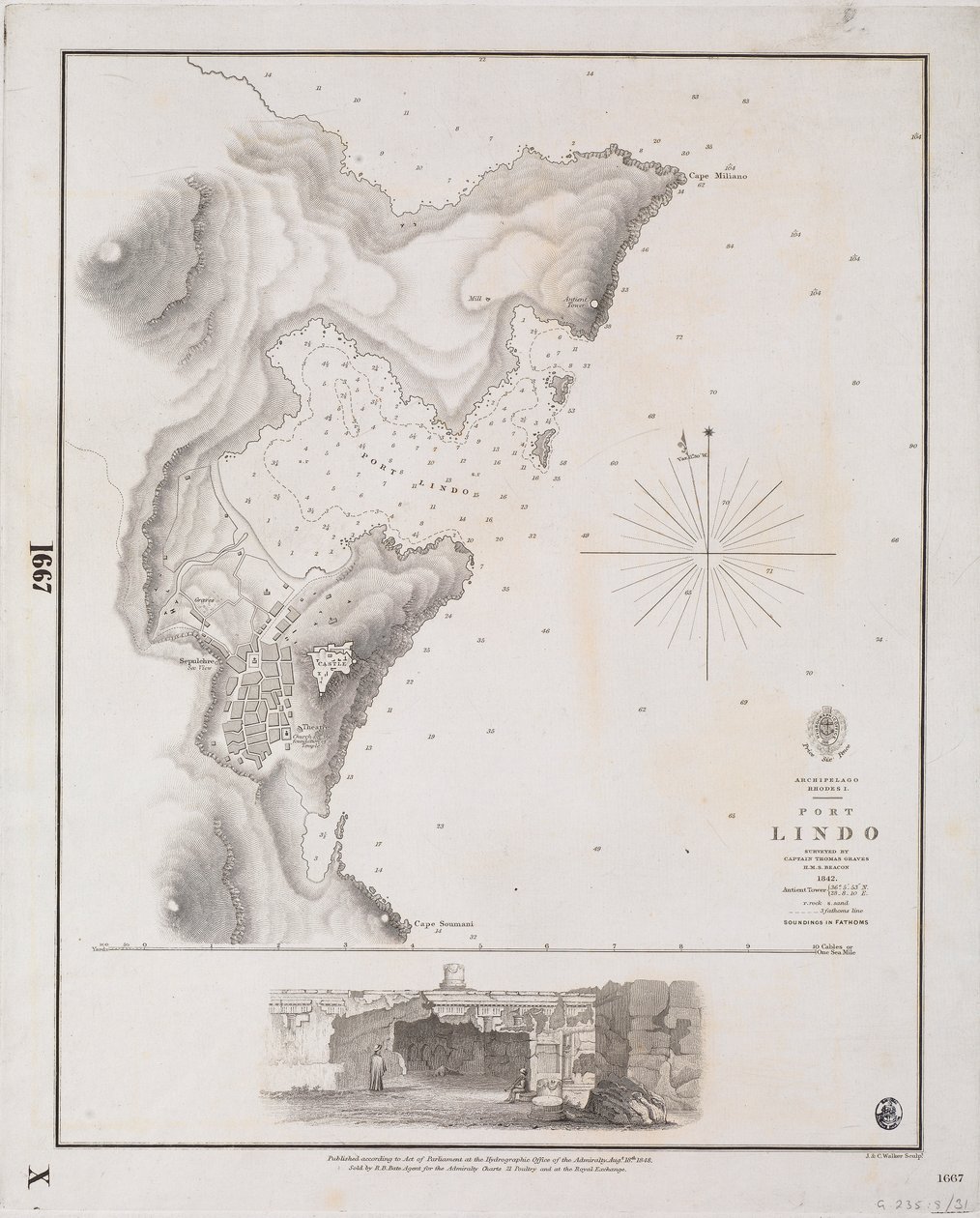 Archipeligo, Rhodos I., Port Lindo opmålt af kaptajn Thomas Graves, HMS 