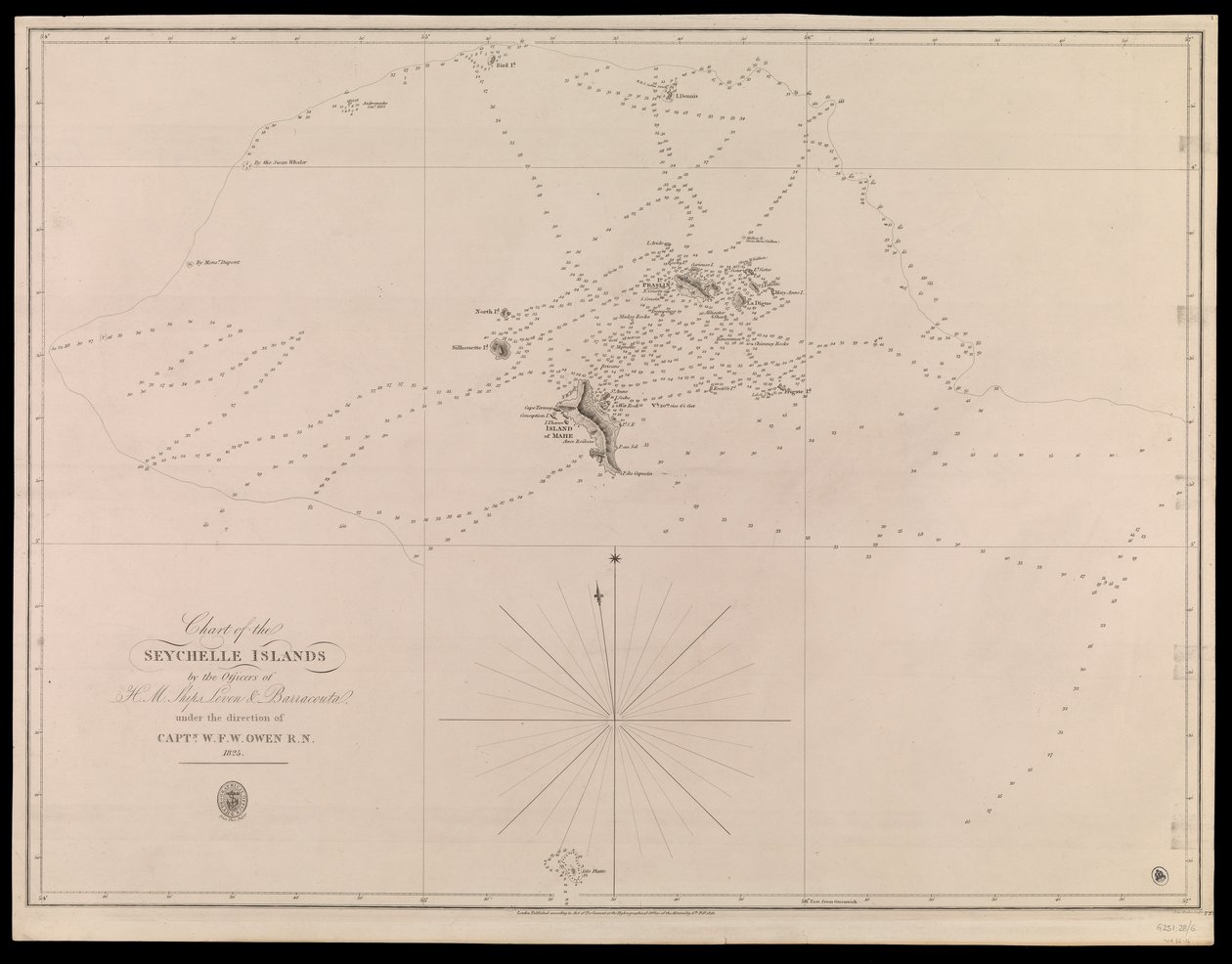 Kort over Seychelle-øerne af officererne på H.M. skibene Leven og Barracouta under ledelse af kaptajn W.F.W. Owen R.N. 1825 af J. & C. Walker