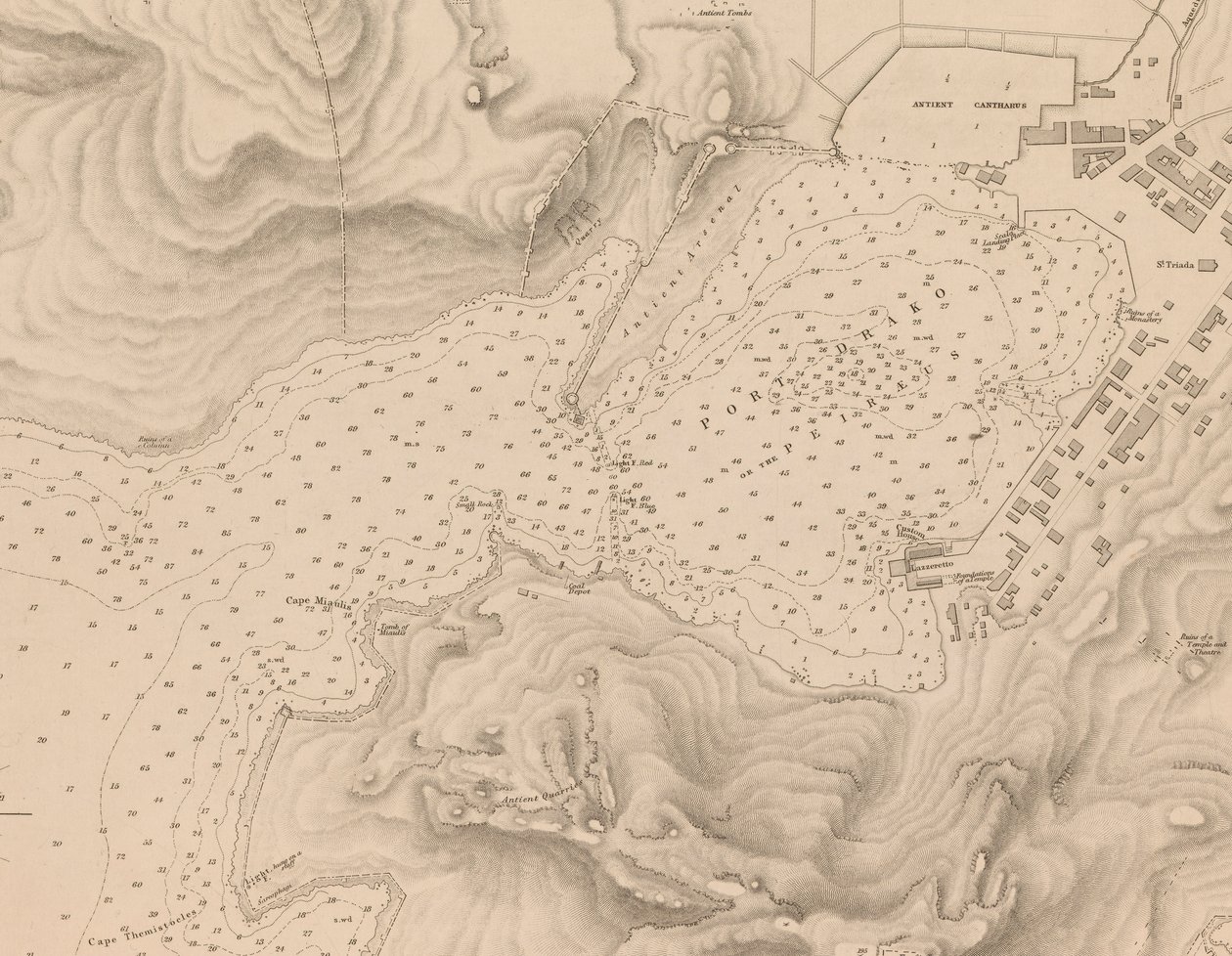 Grækenland, Peiraeus eller Port Drako opmålt af kommandør Thomas Graves, H.M.S. Beacon 1840, [Detail]. af J. & C. Walker