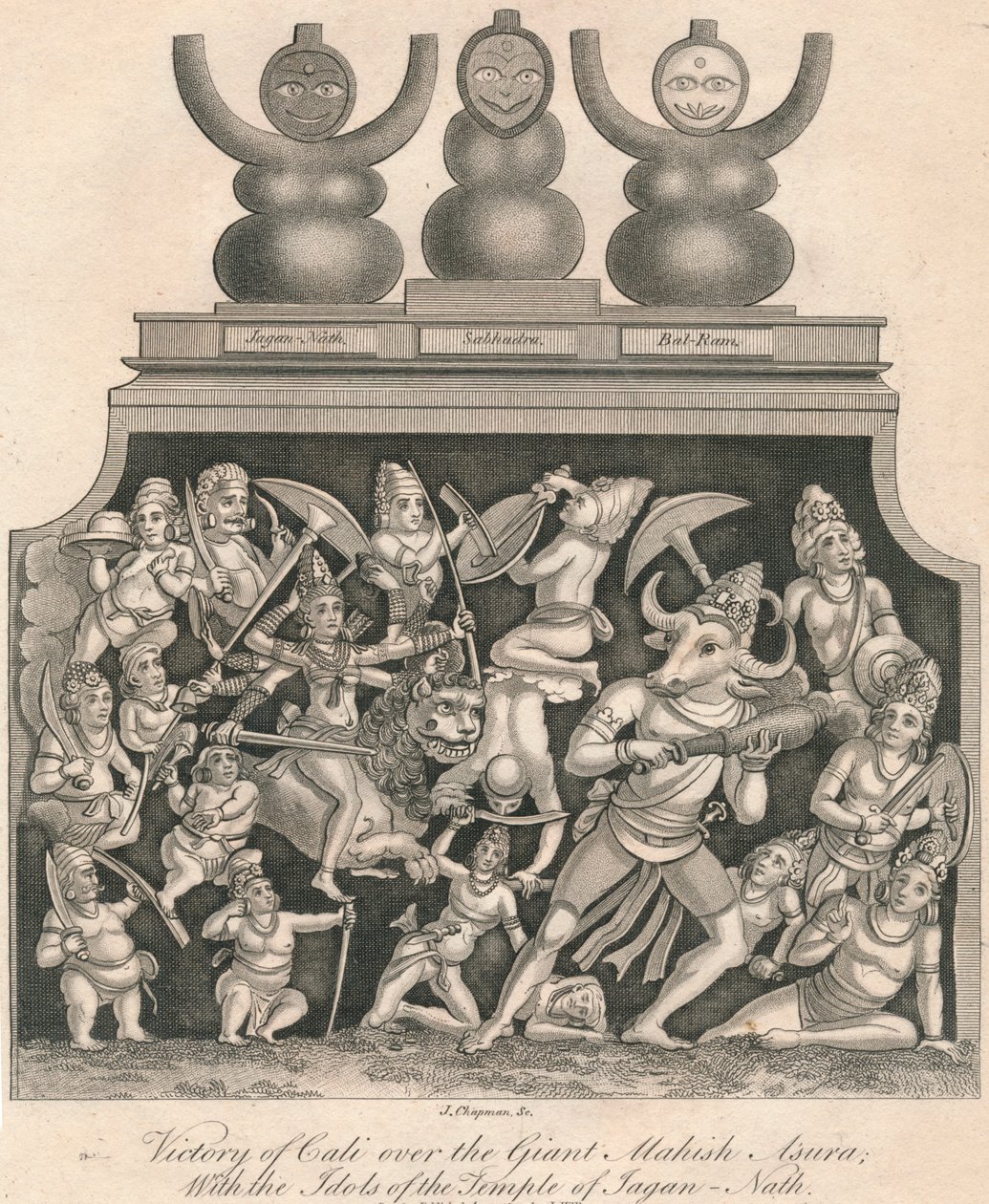 Calis sejr over den gigantiske Mahishasura, med idolerne fra Jagannath-templet, 1809. af J. Chapman