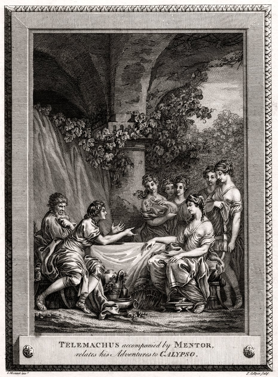 Telemachus, ledsaget af Mentor, fortæller sine eventyr til Calypso, 1774 af J. Collyer
