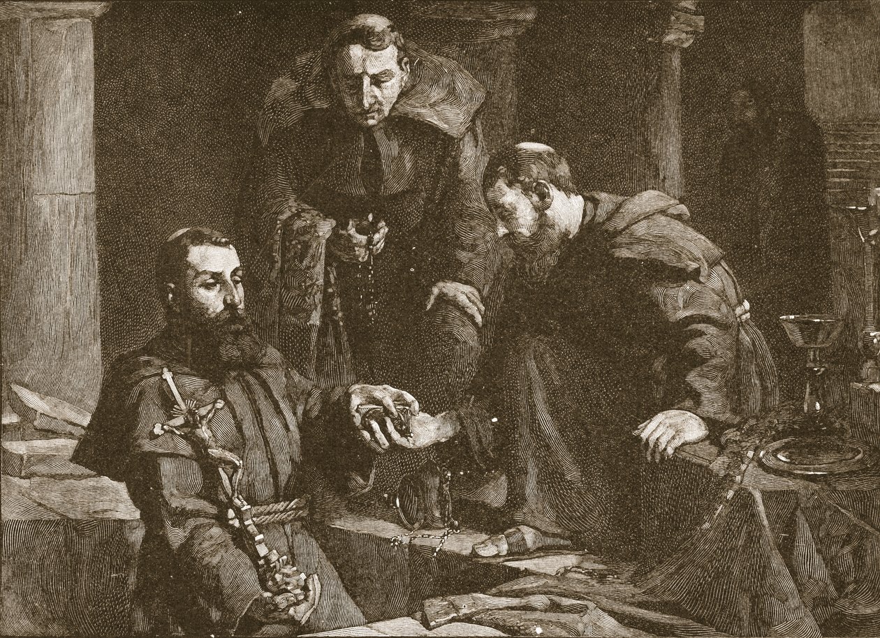Skjuler skat ved undertrykkelsen af et kloster, illustration fra The Church of England: A History for the People af H.D.M. Spence-Jones, pub. c.1910 litho sepia foto af J. Cooke