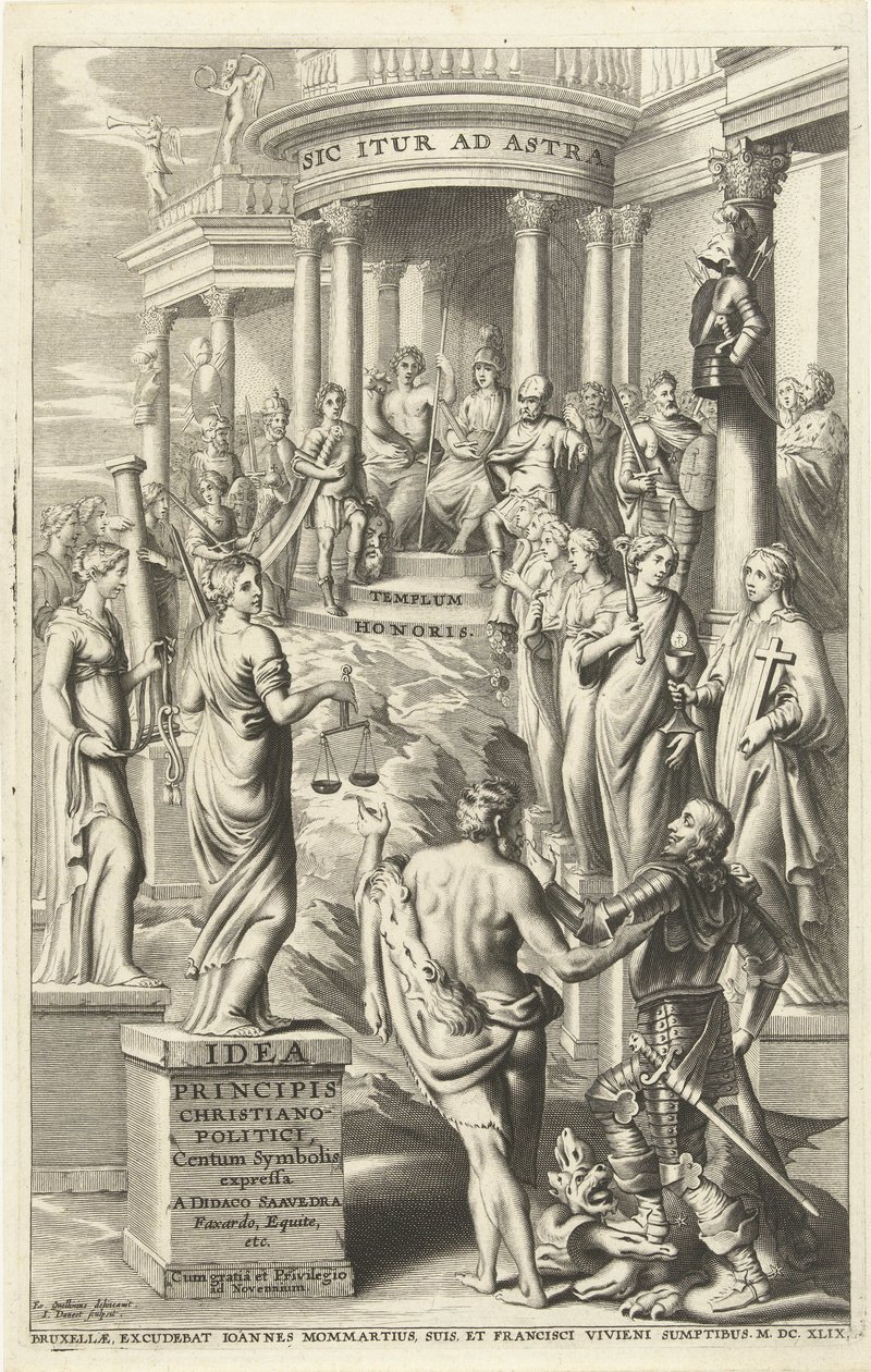 Hercules fører mennesket forbi personifikationer af dyder til et tempel for evig berømmelse Titelside for: Idea principis christiano-politica, Centum Symbolis expressa, Bruxelles 1649 (titel på objekt) af J. Danoot
