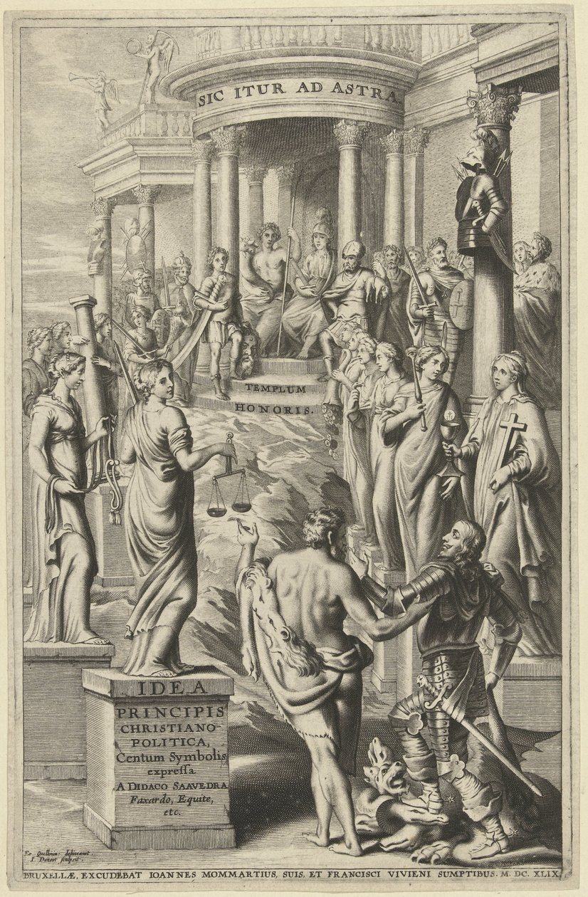 Herkules fører mennesket forbi personifikationer af dyder til et tempel for evig berømmelse Titelside for: Idea principis christiano-politica, Centum Symbolis expressa, Bruxelles 1649 af J. Danoot