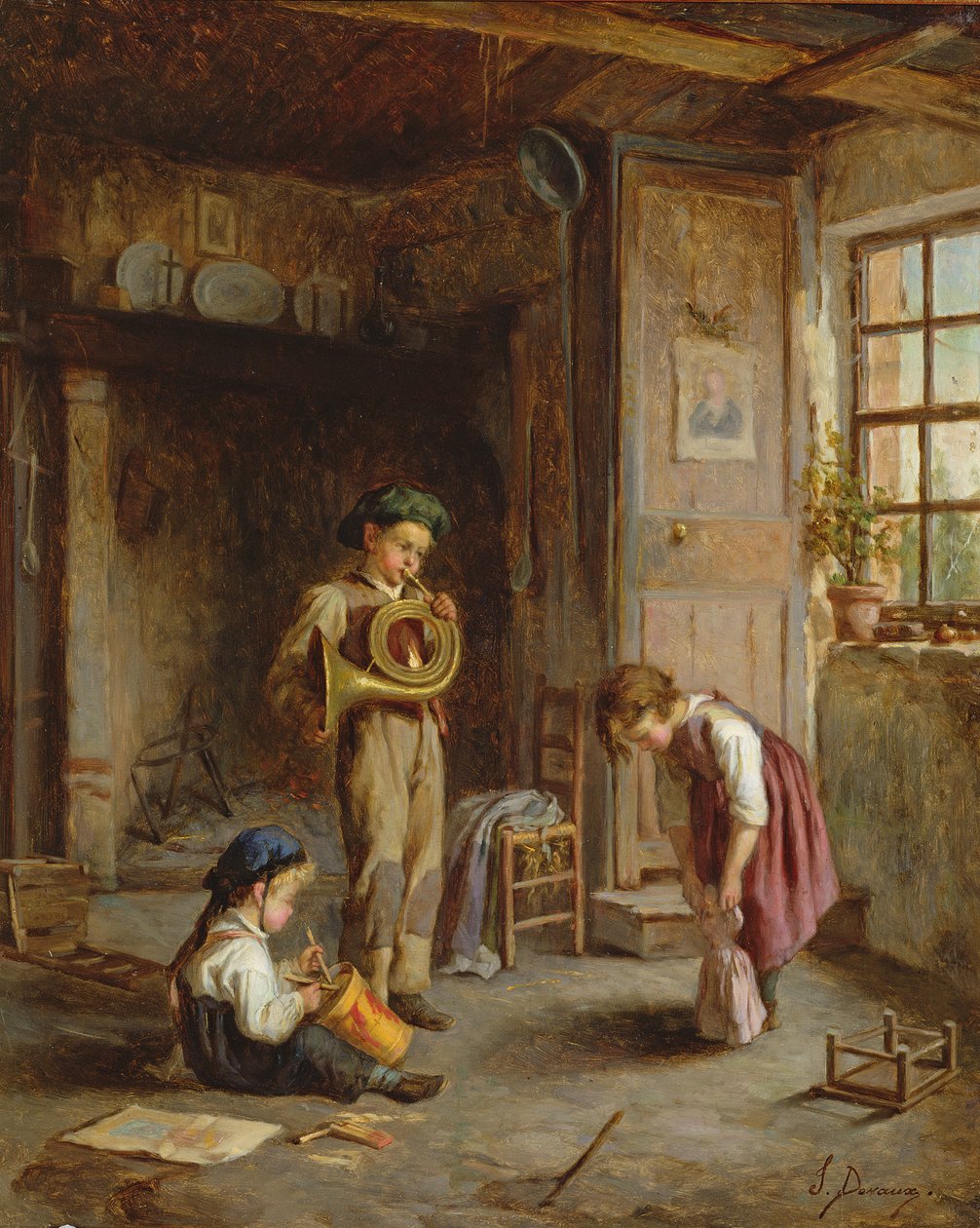 Drenge med fransk horn og tromme, 1800-tallet; af J. Devaux
