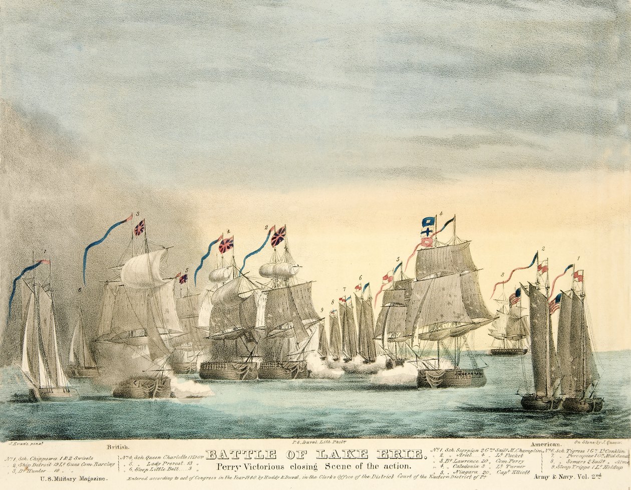 Slaget ved Lake Erie. Perry Victorious afslutningsscene af Action fra Army and Navy Magazine, pub. 1840 (farvet gravering) af J. Evans