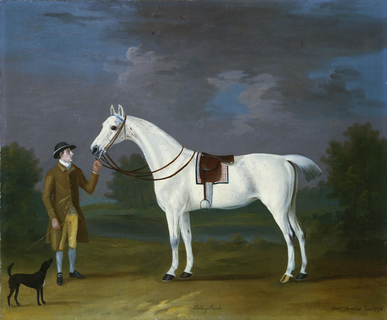 Tabby Runt", en grå jæger med sin ejer og en terrier i et flodlandskab, 1776 af J. Francis Sartorius
