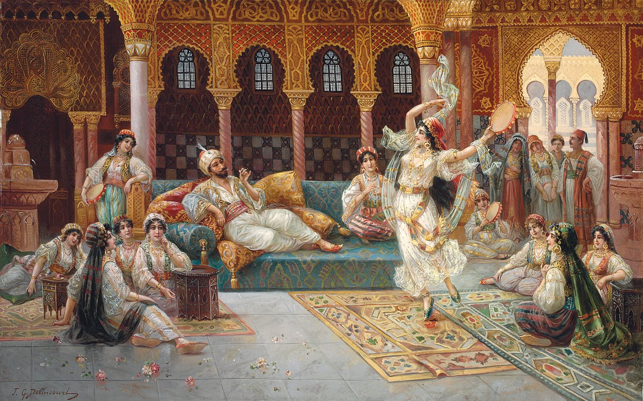 En haremsdans (olie på lærred lagt om bord) af J. G. Delincourt