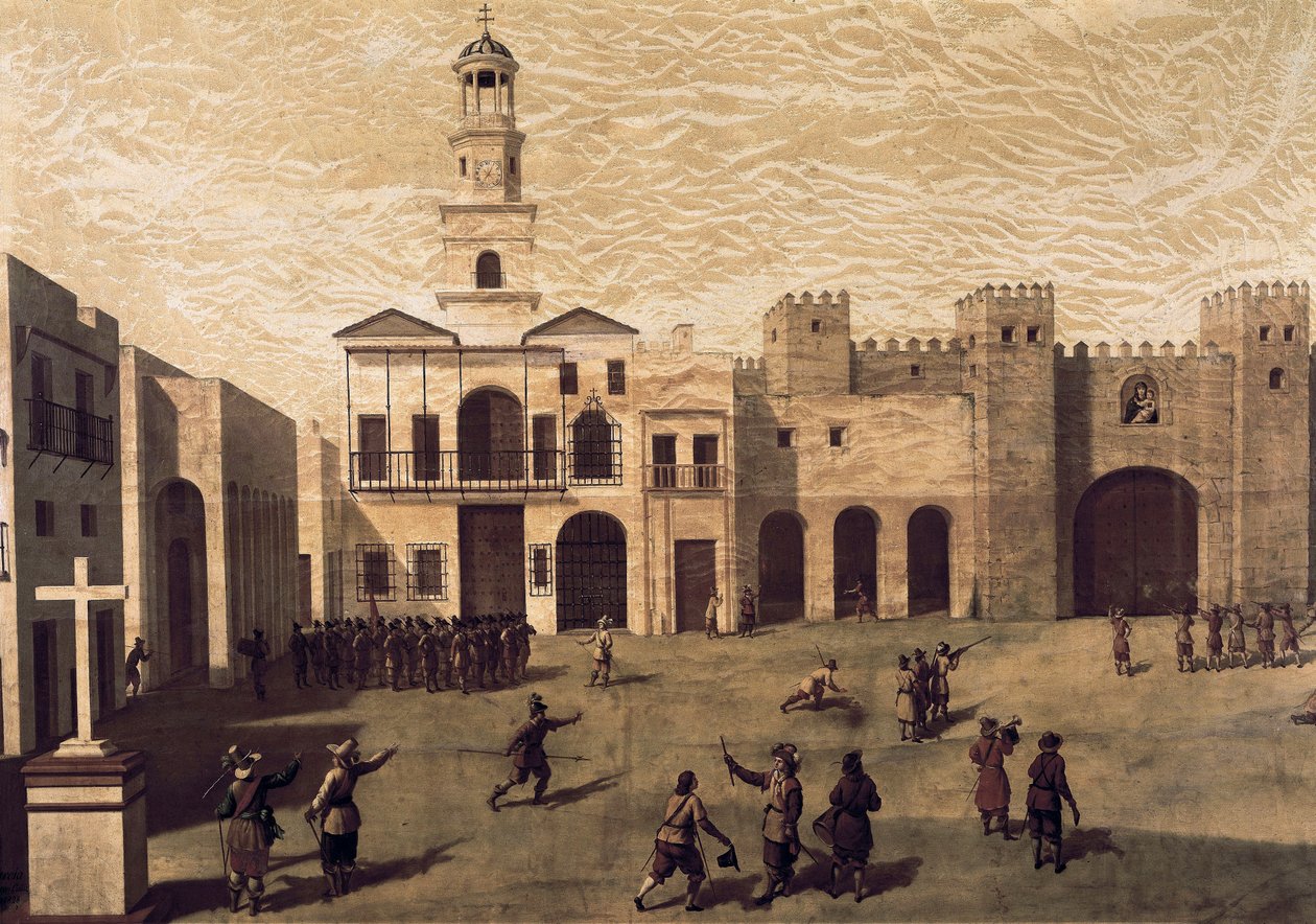 Udsigt over San Juan de Dios-pladsen (Saint John of God) og rådhuset i Cádiz, i 1596. Maleri af J.Garcia (16.). Olie på lærred af J. Garcia