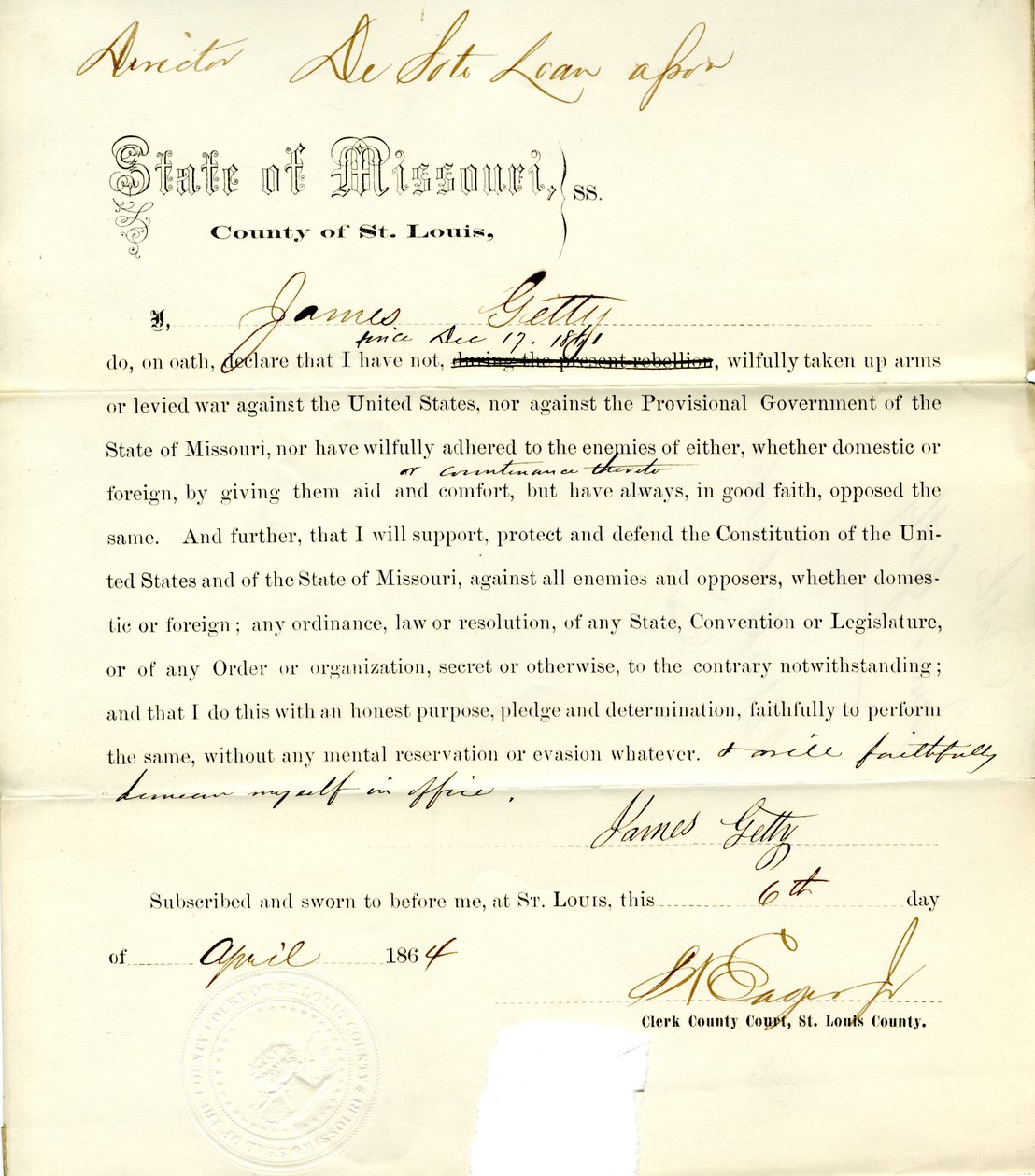 Loyalitetsed af James Getty fra Missouri, St. Louis amt af J. Getty