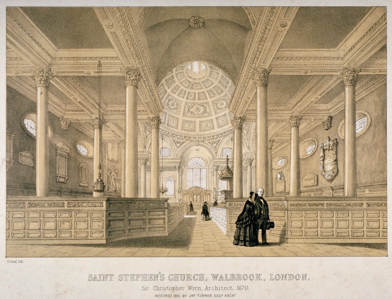 Indvendig udsigt mod øst, Church of St Stephen Walbrook, City of London, 1851 af J Graf