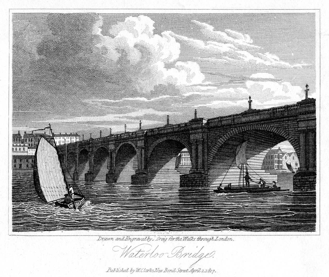 Waterloo Bridge, London, 1817. af J. Greig