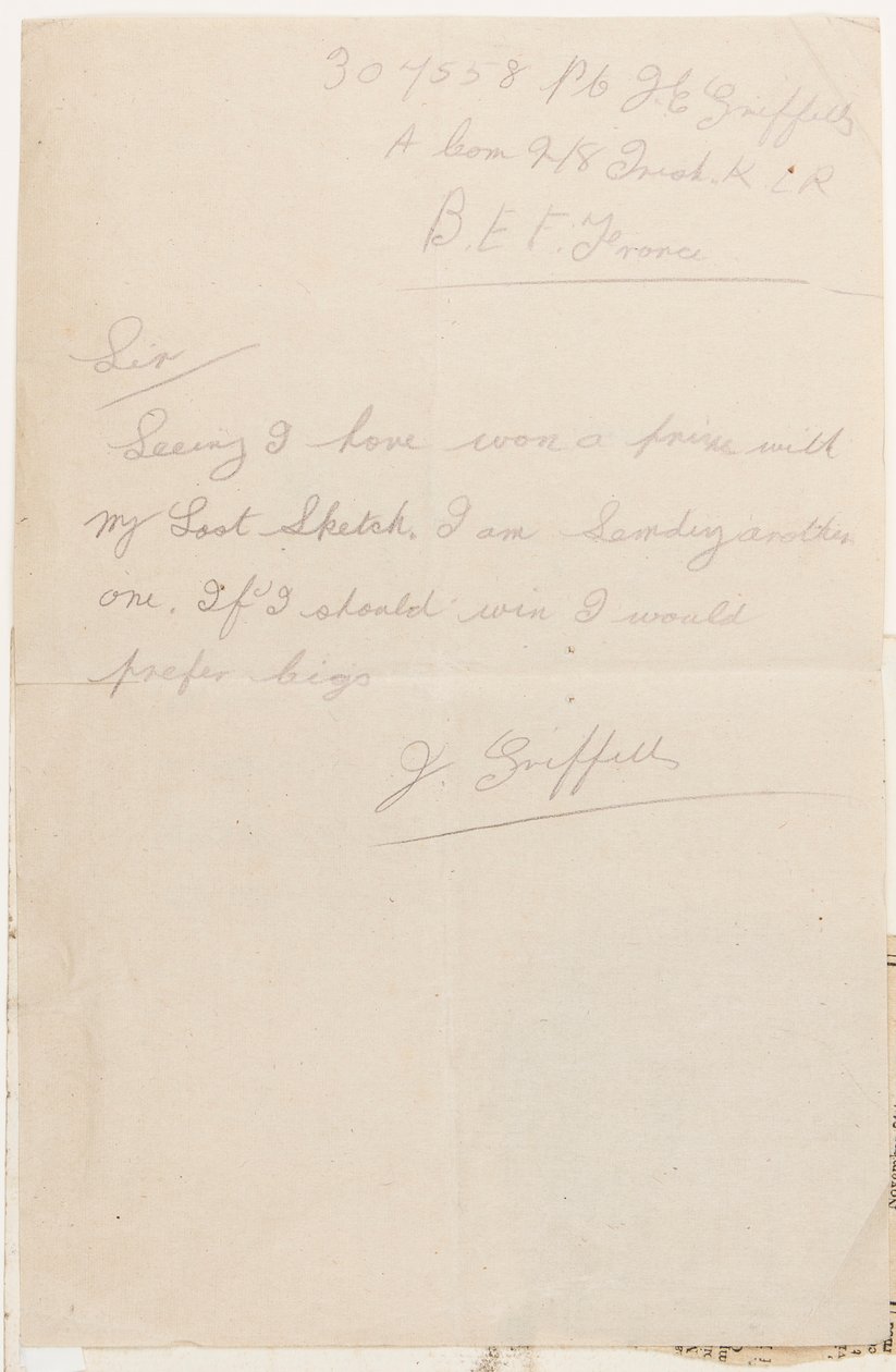 Brev til konkurrenceredaktøren af Liverpool Weekly Courier, 1917 af J. Griffiths