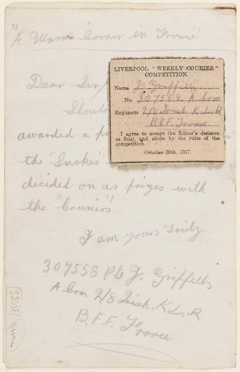 Brev til konkurrenceredaktøren af Liverpool Weekly Courier, 1917 af J. Griffiths