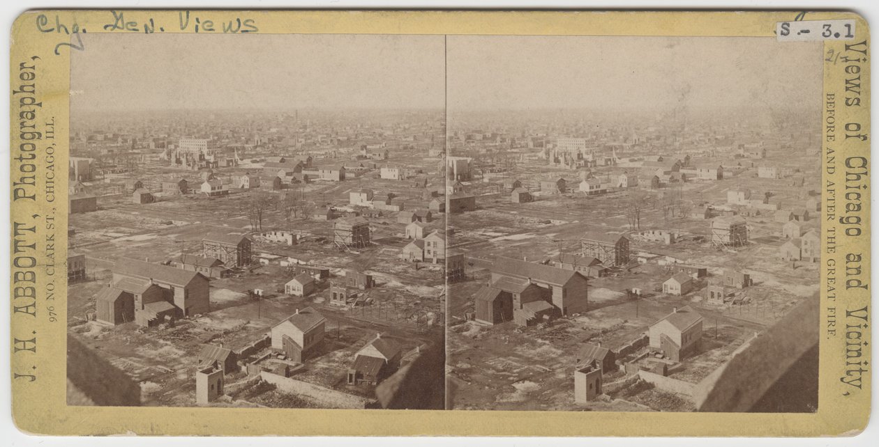 Stereograf af udsigten nordvest fra Water Tower efter Chicago-branden i 1871, 1871 (bw-foto på kortholder) af J. H. Abbott