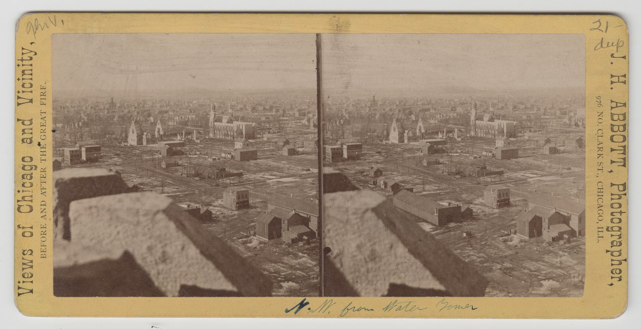 Stereograf af udsigten nordvest fra Water Tower efter Chicago-branden i 1871 af J. H. Abbott