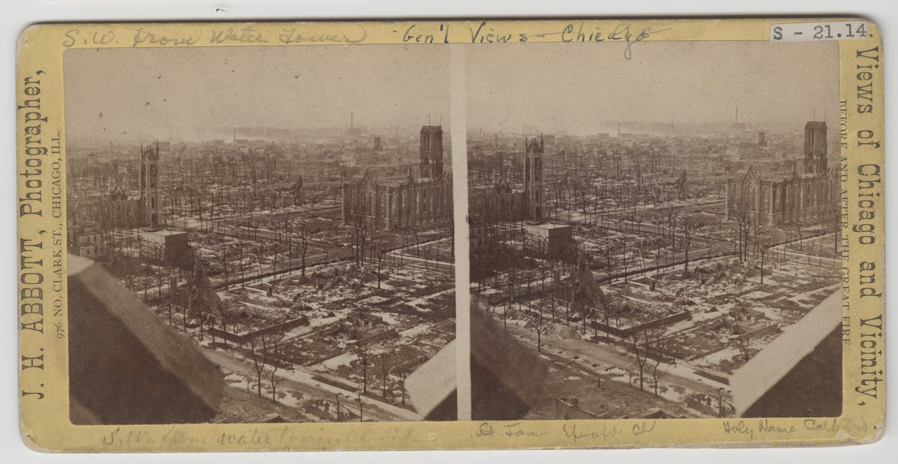 Stereograf af udsigt sydvest fra Water Tower efter Chicago-branden i 1871 af J. H. Abbott