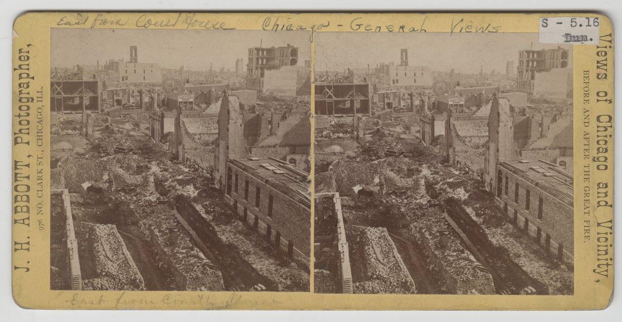 Udsigten øst fra retsbygningen efter Chicago Fire i 1871 af J. H. Abbott