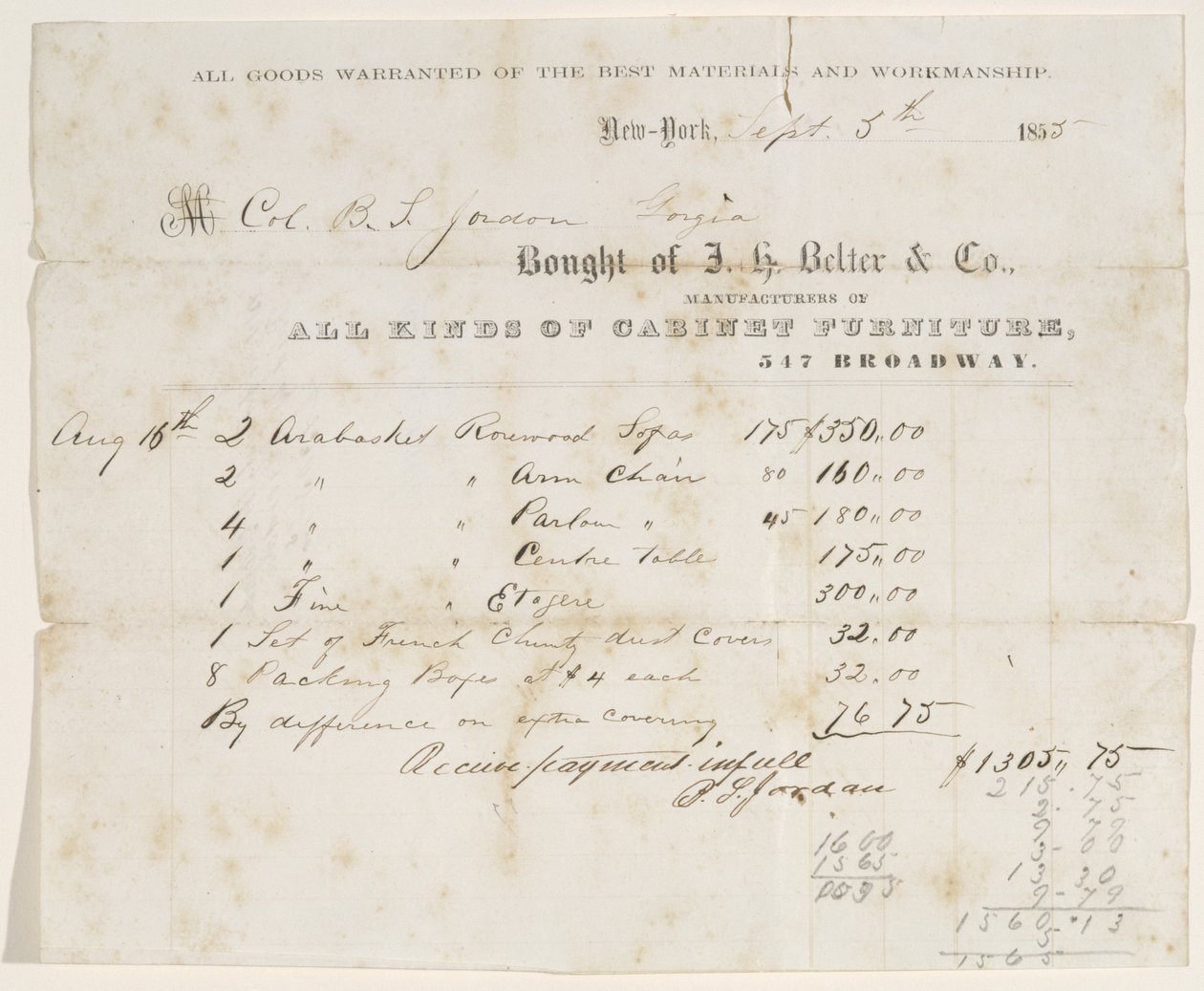 Salgsbrev til oberst B. S. Jordan, 5. september 1855 (blæk på papir) af J. H. Belter and Co. J. H. Belter and Co.