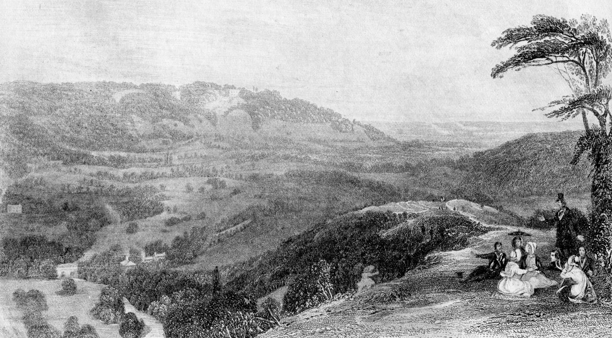 Udsigt fra Box Hill, ser mod Norbury, Surrey, 1800-tallet. af J. H. Kernot