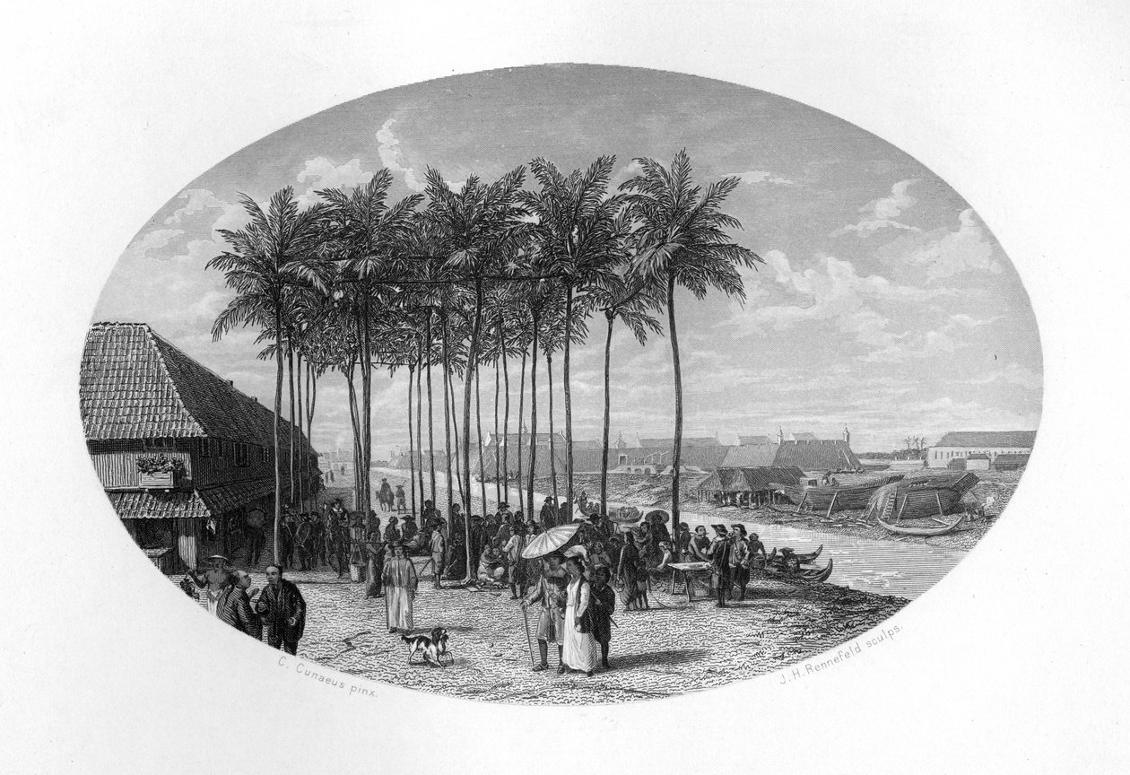 Foundation of Batavia, Java, Hollandsk Ostindien, 1619, c1870. af J. H. Rennefeld
