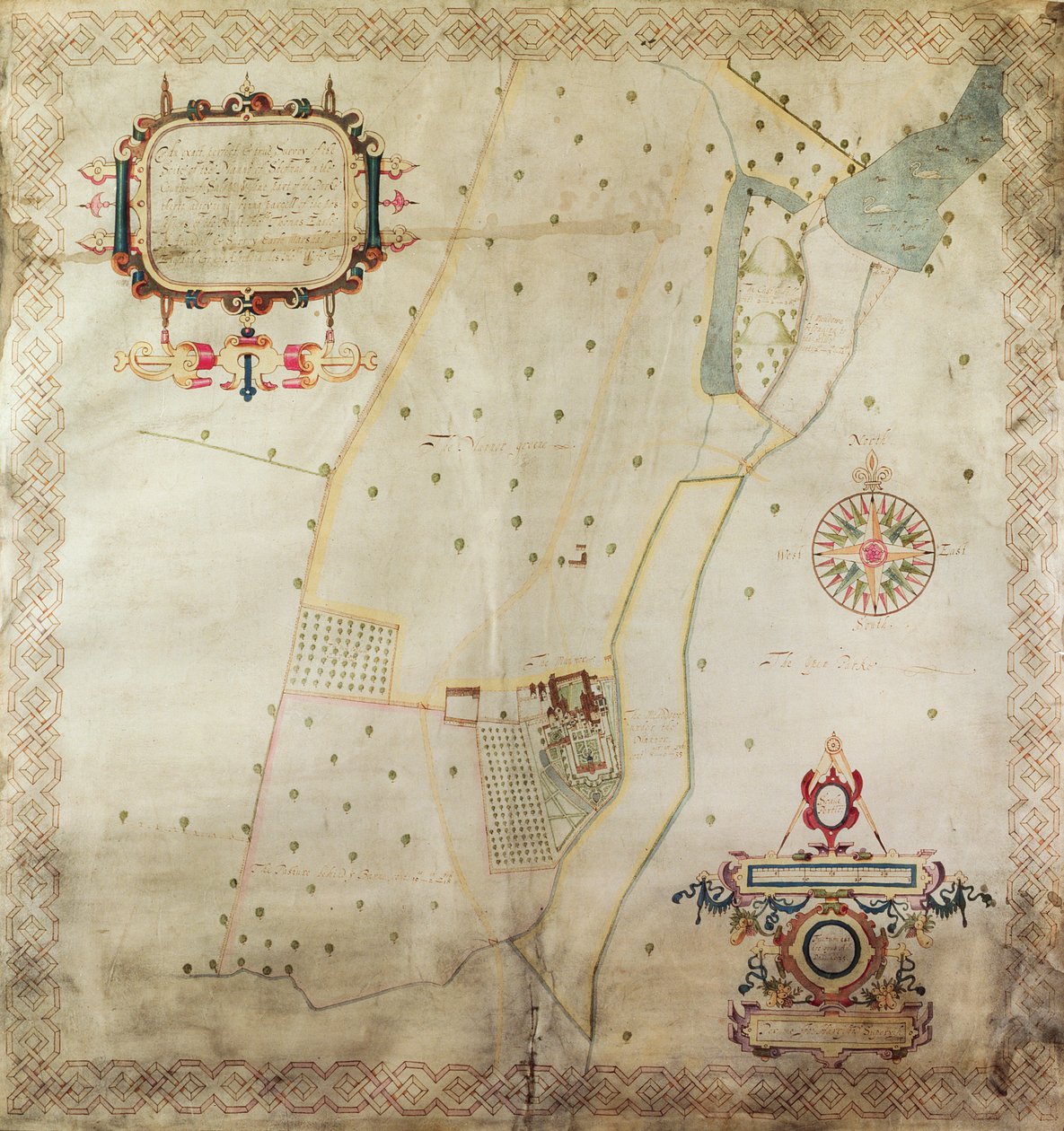 Kort over godset Shifnal, Shropshire, 1635 (blæk og farve på pergament) af J. Harrison