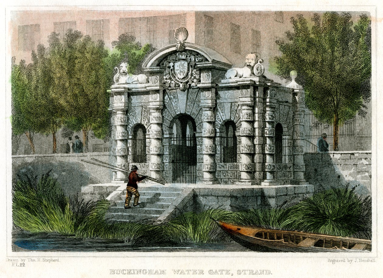 Buckingham Water Gate, Strand, Westminster, London, 1830. af J Henshall