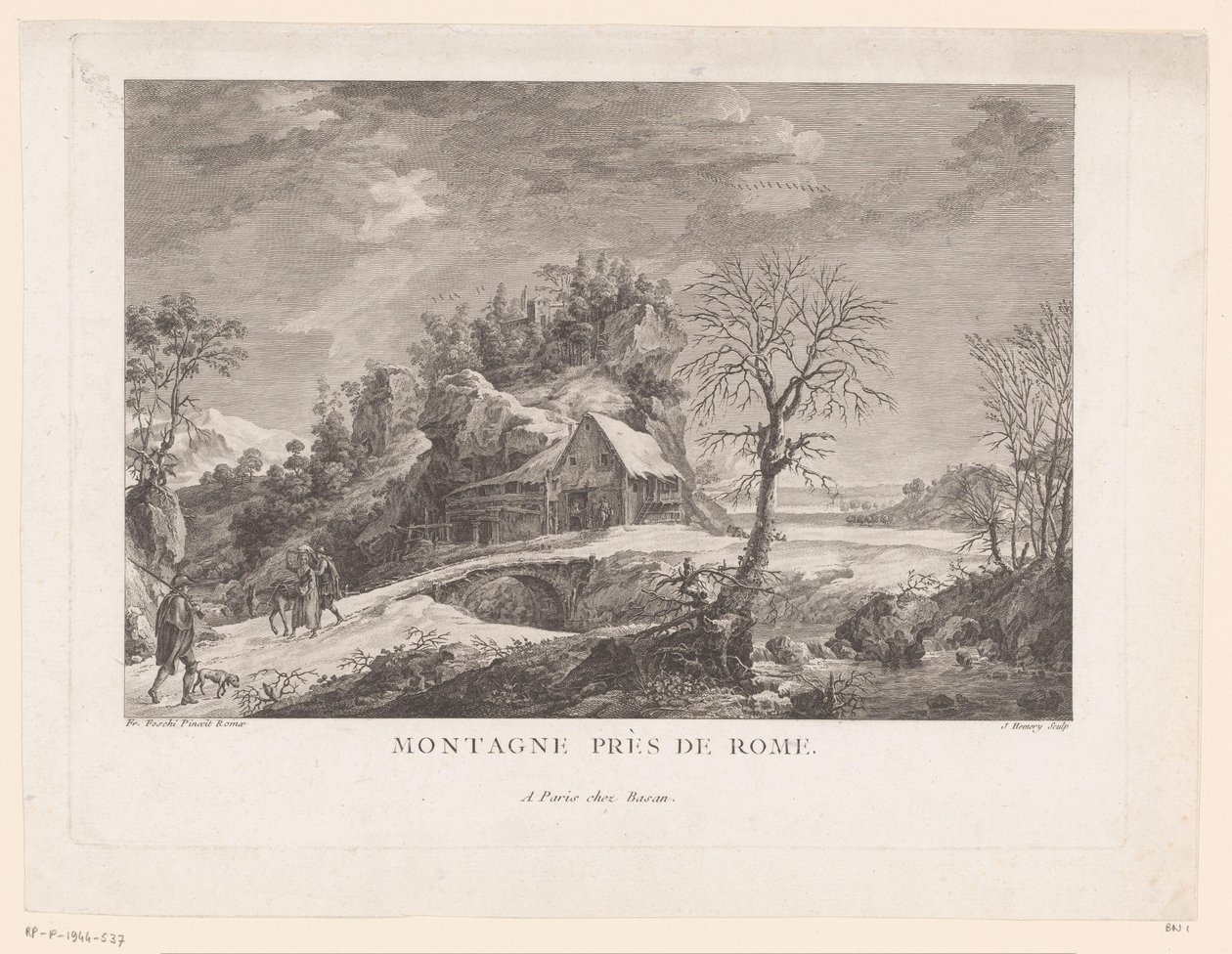 Udsigt over et hus nær en bro med figurer Montagne près de Rome (titel på objekt) af J. Hémery