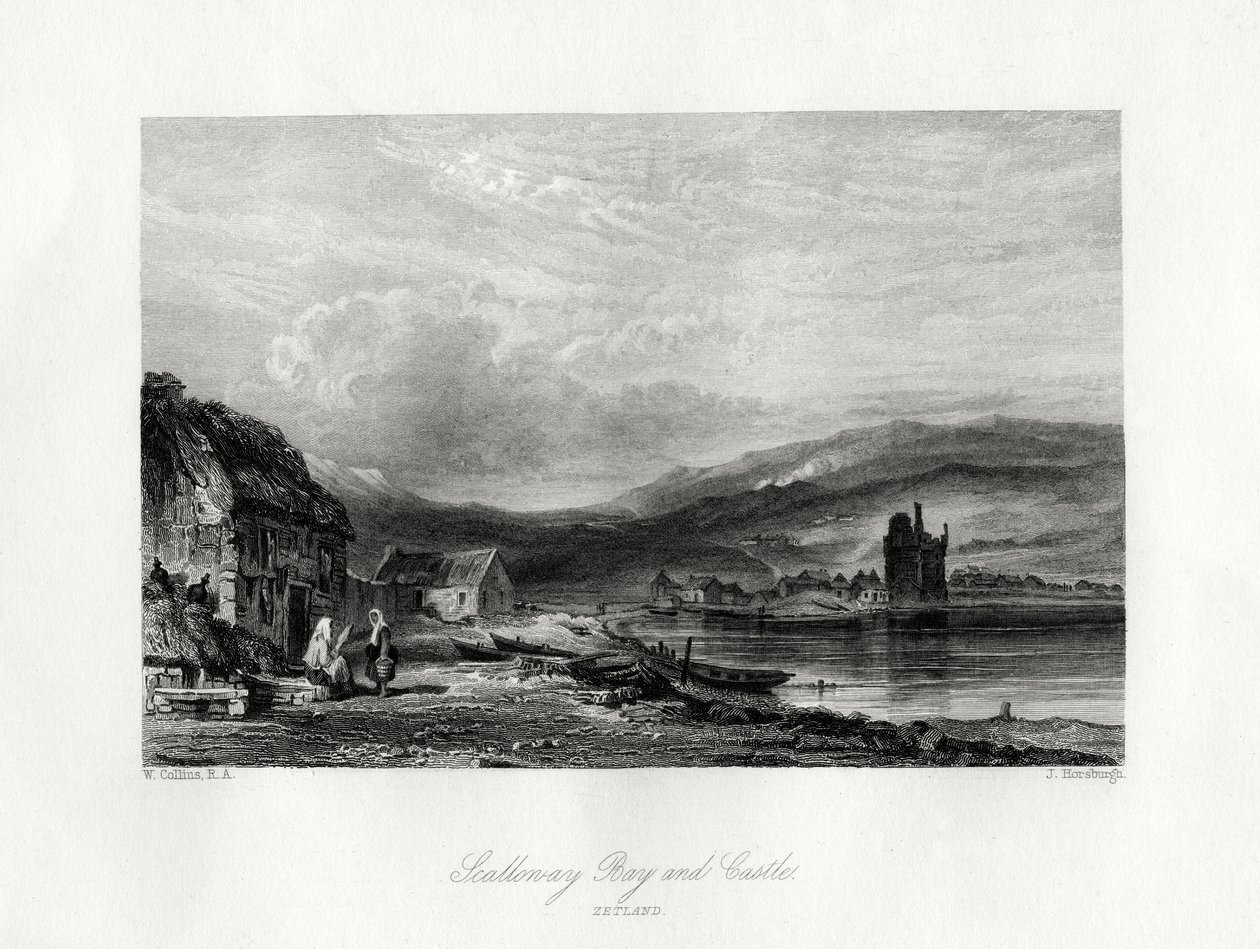 Scalloway Bay og slot, Zetland, 1800-tallet af J. Horsburgh