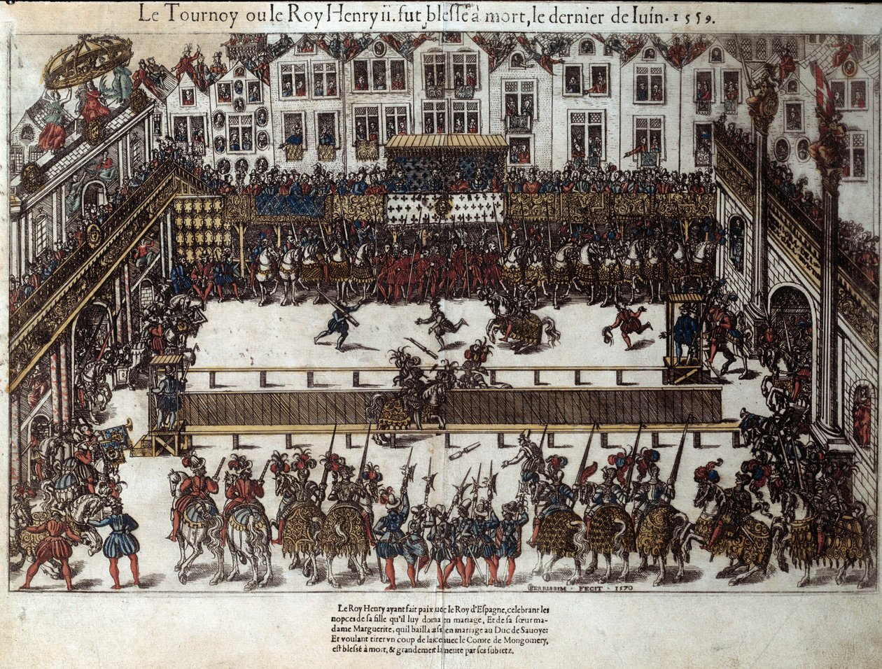 Turnering og død af Henri II (30. juni 1559): ved sin datters bryllup (på nuværende place des vosges) kæmpede han mod Gabriel de Montgomery, kaptajn for hans skotske garde, som sårer ham med et spyd i øjet. Stik af det 16. århundrede af Pe af J. J. and Tortorel J. (fl.1568 92) Perrissin