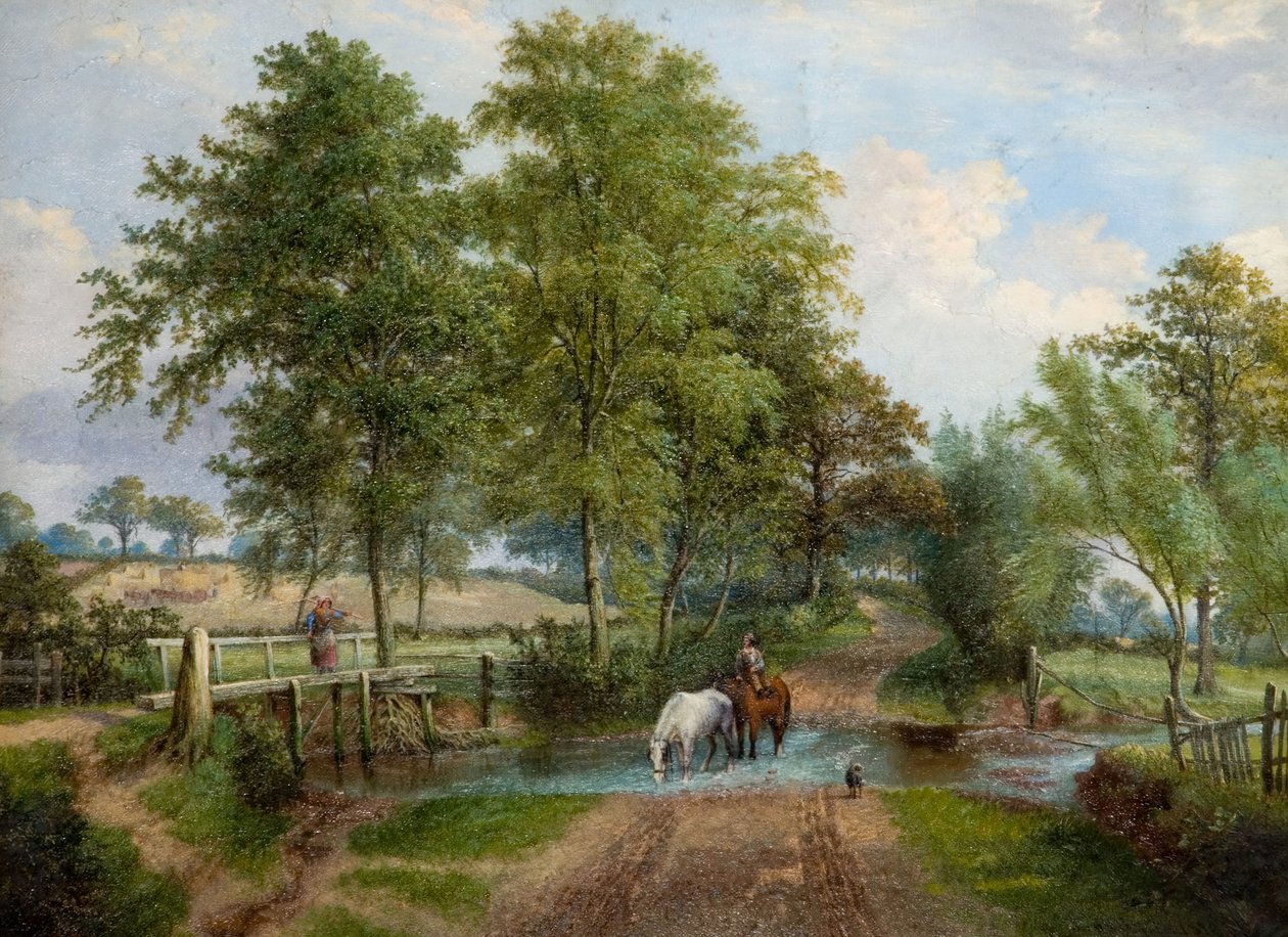 Landlig scene med heste ved strøm, 1870