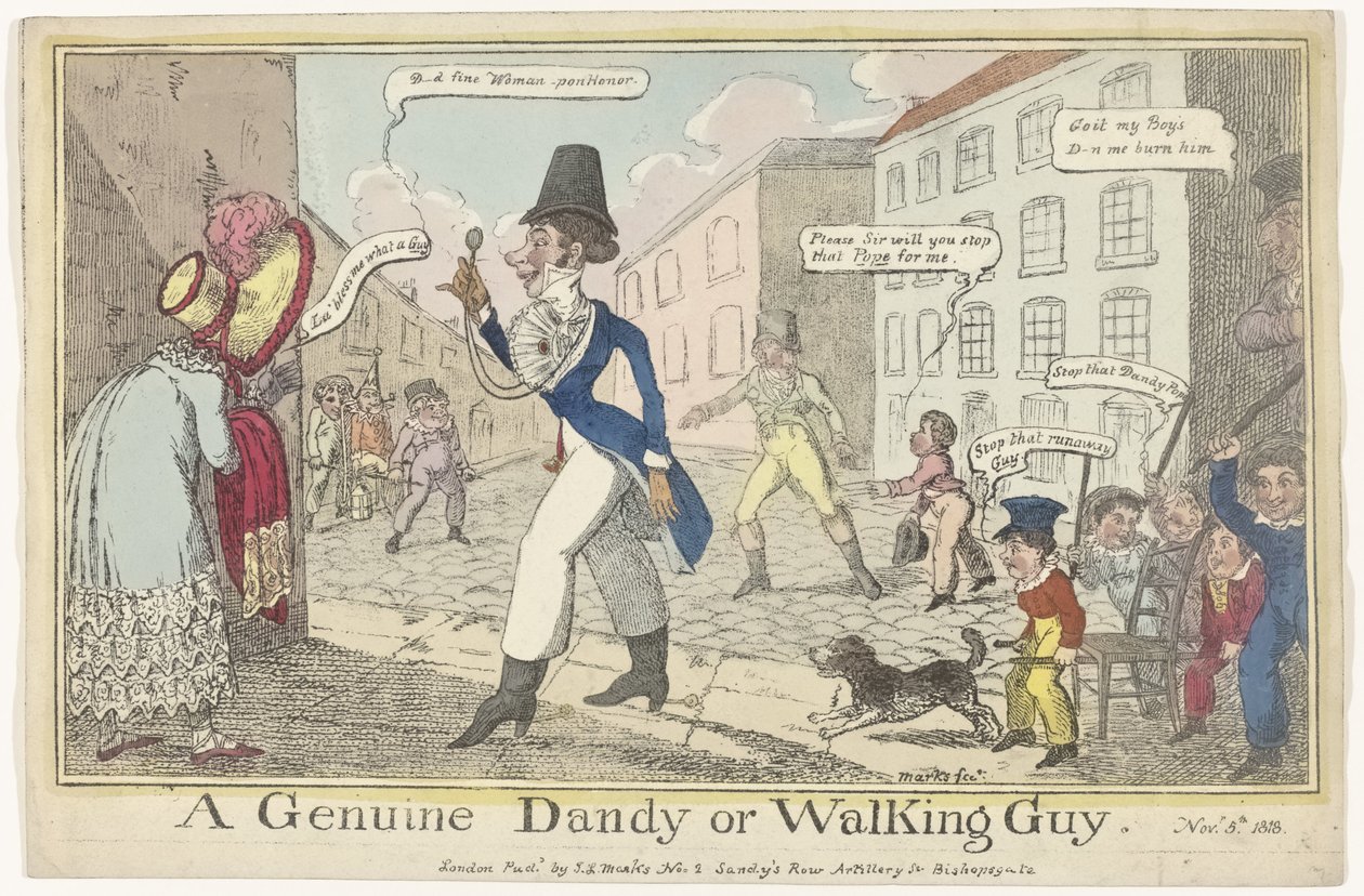 Spotprent af dandy af Guy Fawkes Day En ægte Dandy eller Walking Guy (titel på objekt) af J. Lewis Marks