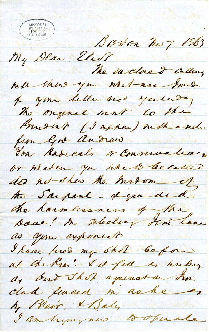 Brev signeret J.M.F. [J.M. Forbes], Boston, til Eliot [William G. Eliot], 7. november 1863 af J. M. Forbes