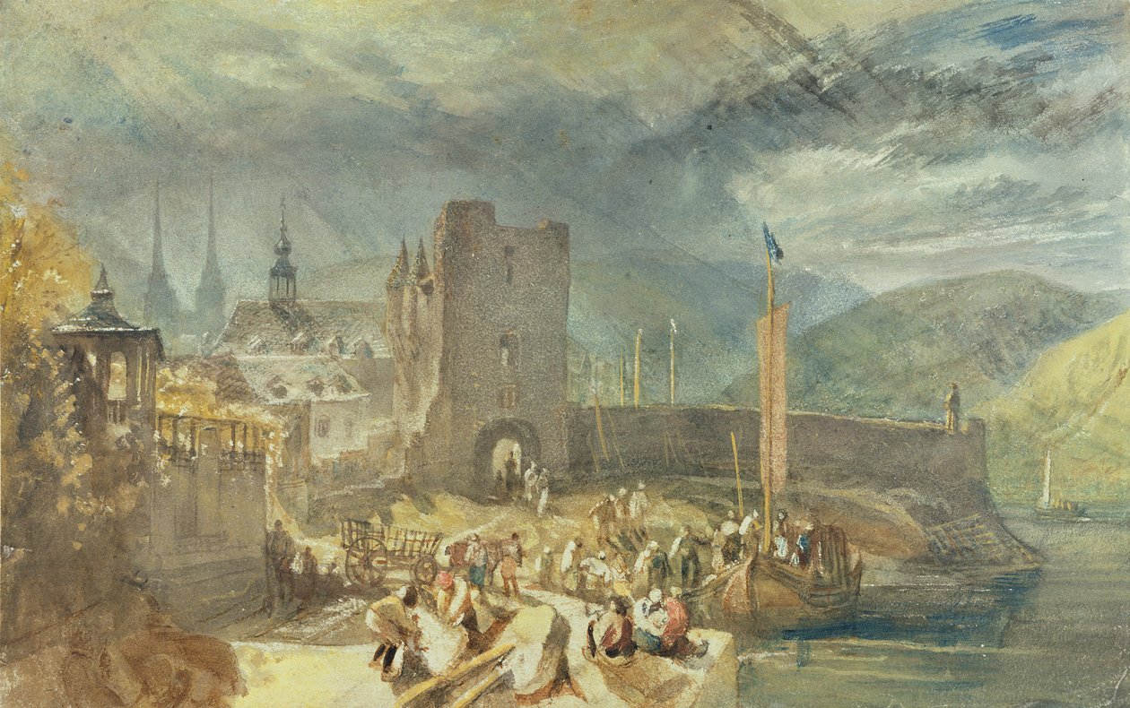 En udsigt over Boppard med figurer på flodbredden af J. M. W. and Wyatt James Turner