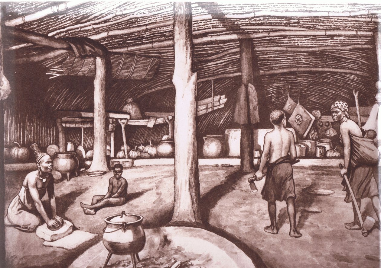 Inde i en Kaffir kraal, fra MacMillan skoleplakater, ca. 1950-60