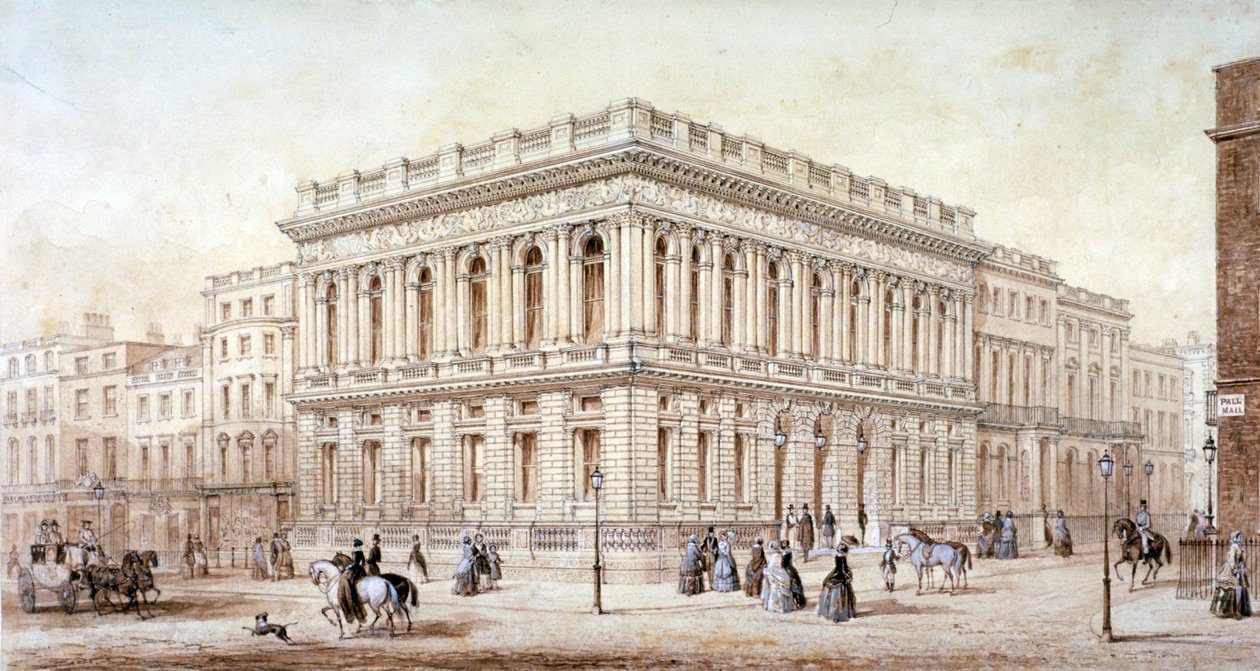 Udsigt over Army and Navy Club på Pall Mall, Westminster, London, c1853 af J Marchant