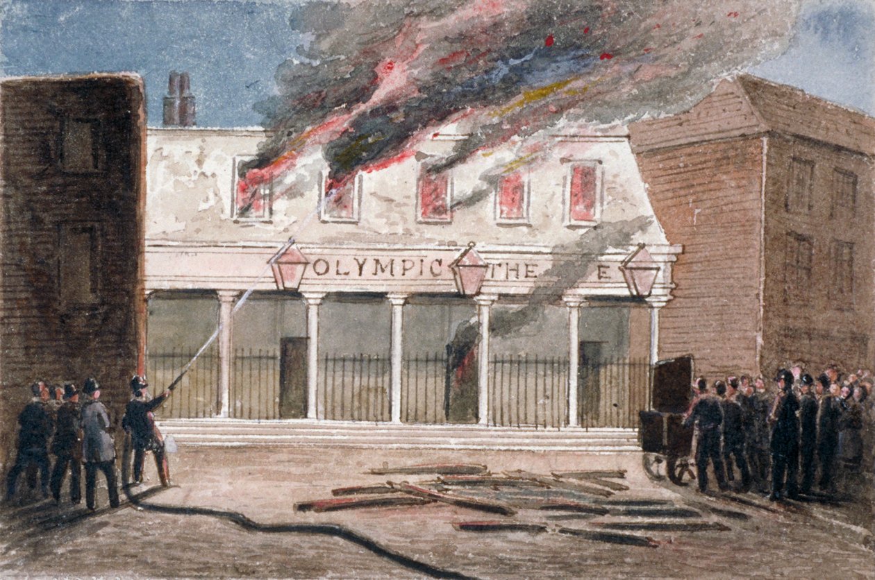 Brand ved det olympiske teater, Wych Street, Westminster, London, 1849 af J Maund