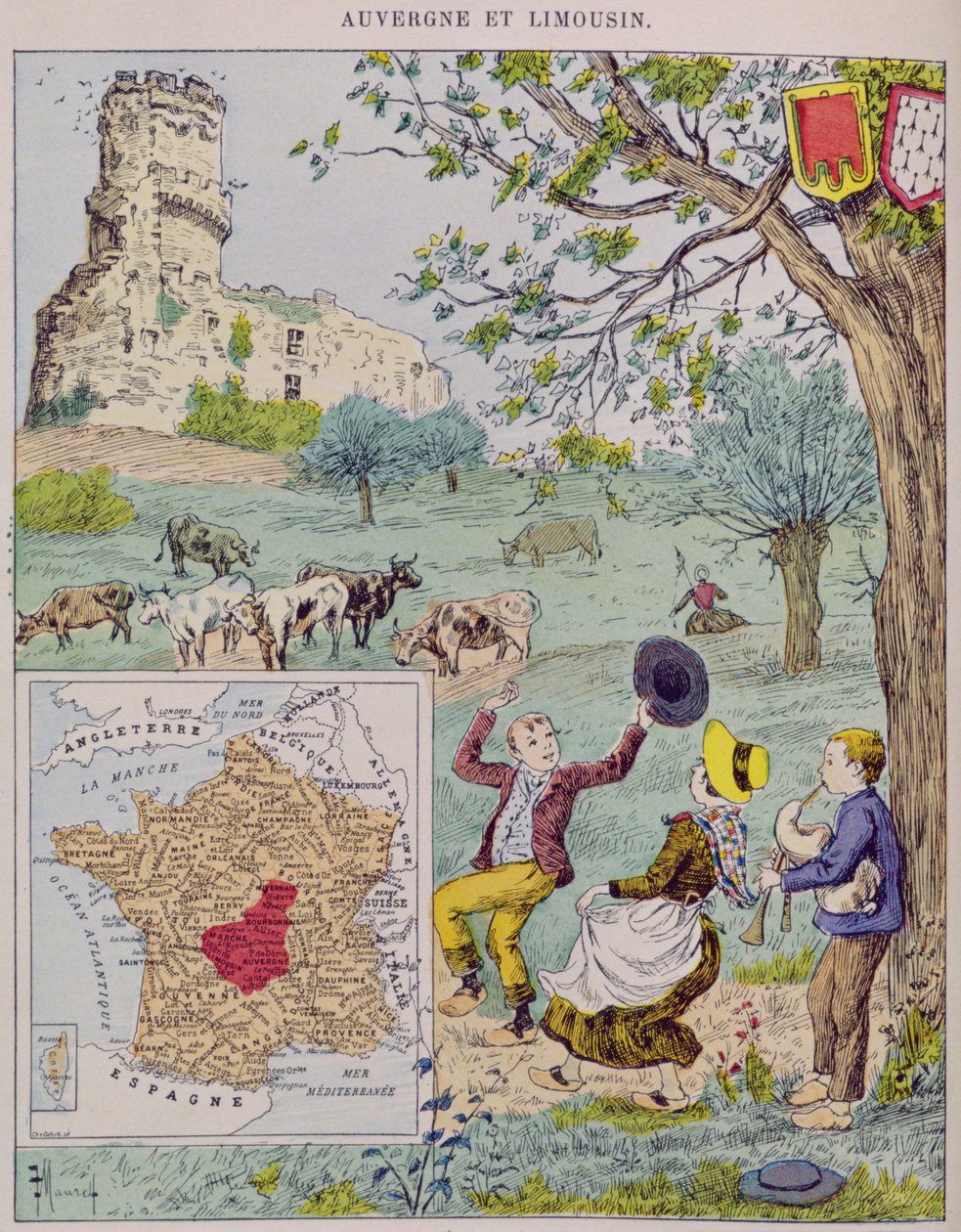 Auvergne og Limousin, illustration til Le Tour de France af Marie de Grandmaison, 1893 af J. Maurel