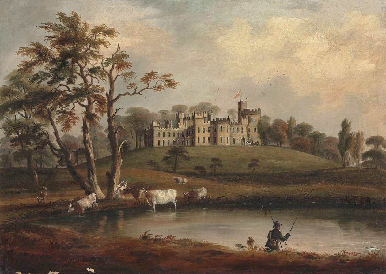 En udsigt over Hornby Castle, Yorkshire, med en lystfisker og kvæg på bredden af floden Wenning af J. Miller