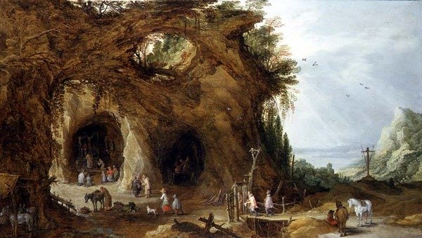 Pilgrimme ved en helligdom i et bjergrigt landskab (olie på panel) af J. and Momper J. de Brueghel