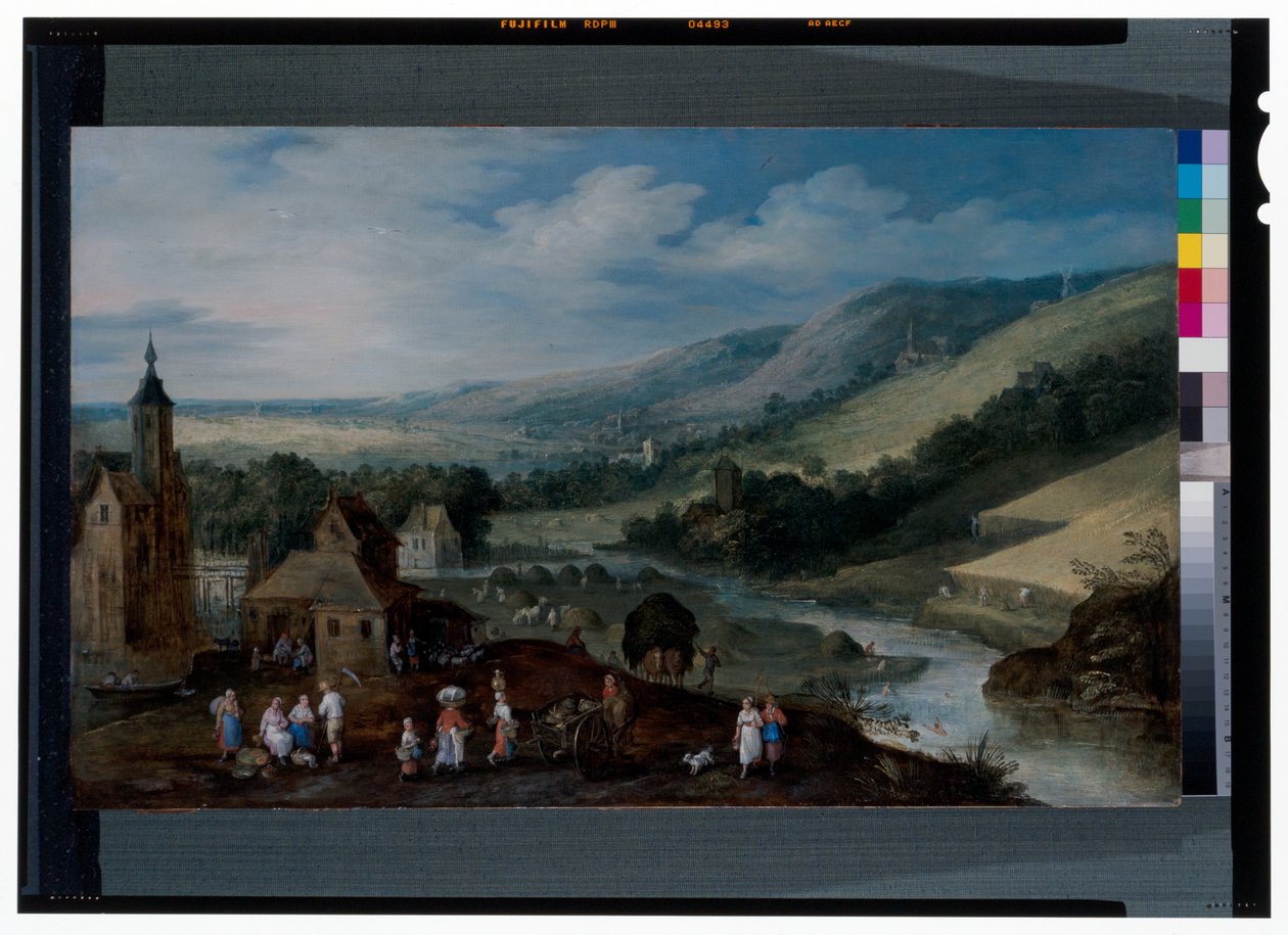 Et omfattende flodlandskab med bønder, der samler høsten af J. & Momper J. de (1564 1635) Brueghel